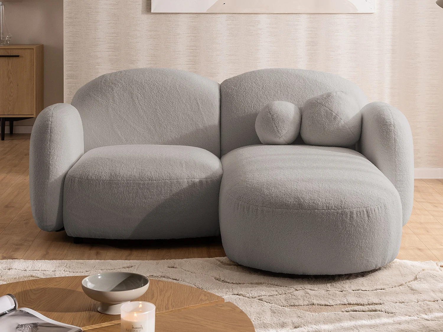 Nuvola - Moderne Ecksofa L-Form aus Hellgrau Bouclé-Stoff mit abgerundetem Design und hohem Sitzkomfort