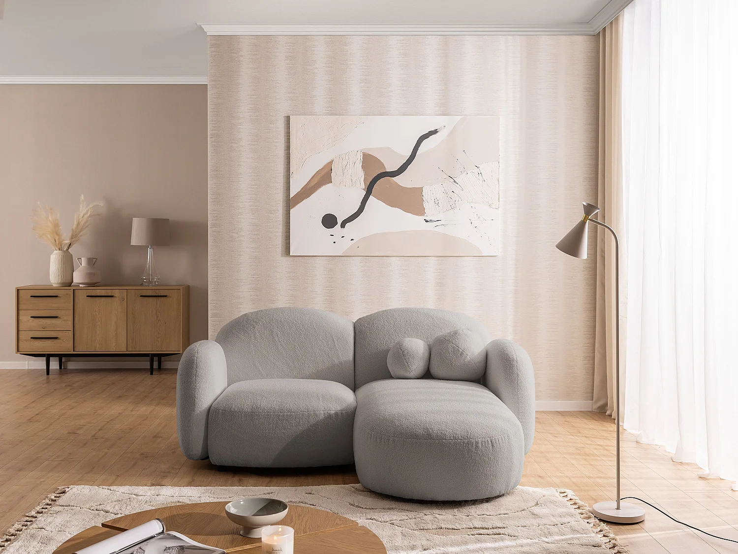 Nuvola - Moderne Ecksofa L-Form aus Hellgrau Bouclé-Stoff mit abgerundetem Design und hohem Sitzkomfort