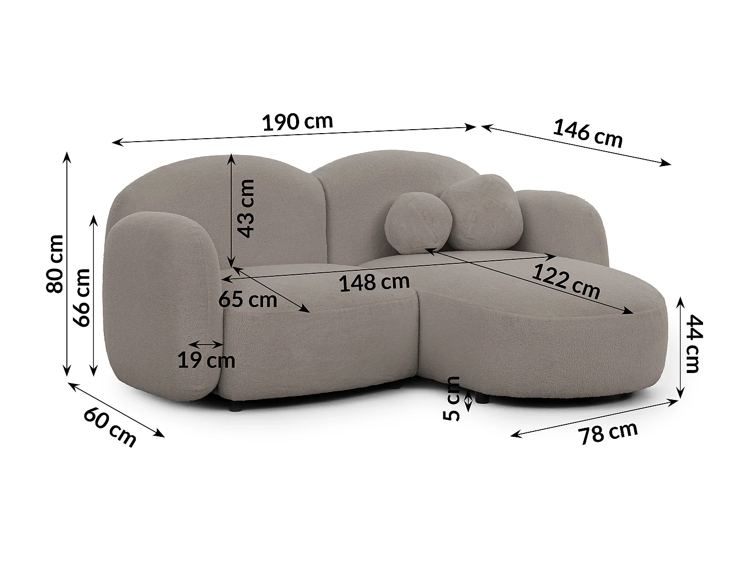 Nuvola - Moderne Ecksofa L-Form aus Hellgrau Bouclé-Stoff mit abgerundetem Design und hohem Sitzkomfort