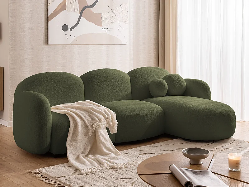 Nuvola - Moderne Ecksofa L-Form aus Grün Bouclé-Stoff mit abgerundetem Design und hohem Sitzkomfort