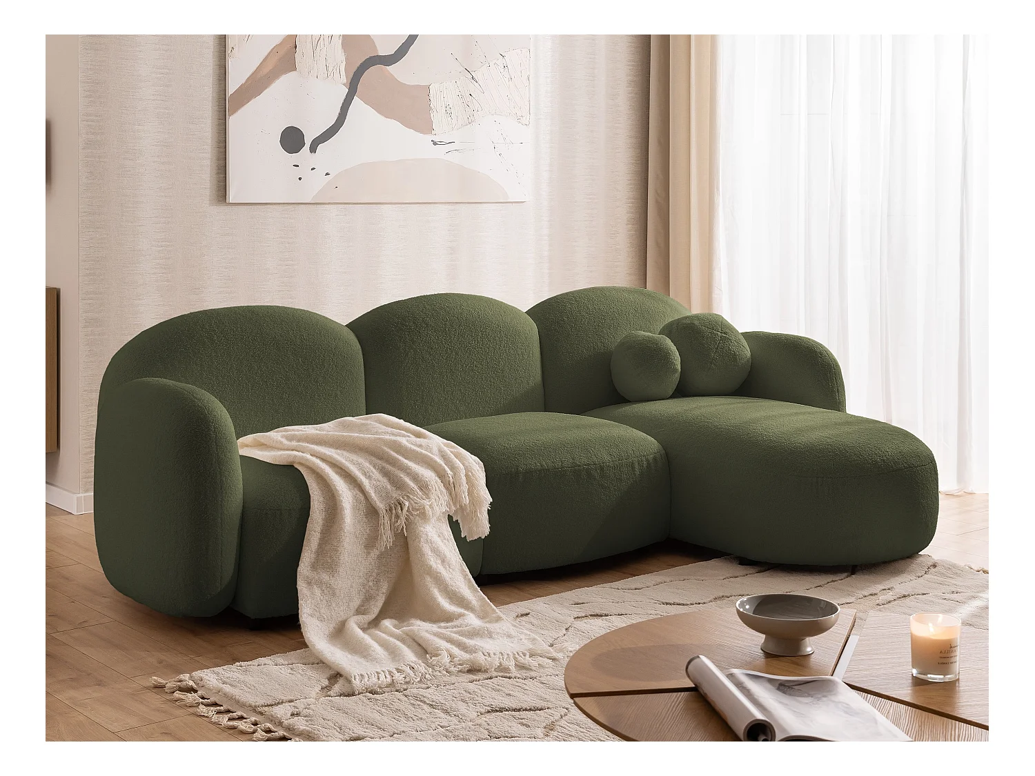 Nuvola - Moderne Ecksofa L-Form aus Grün Bouclé-Stoff mit abgerundetem Design und hohem Sitzkomfort