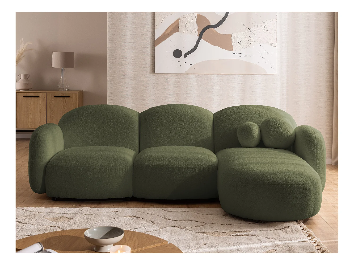 Nuvola - Moderne Ecksofa L-Form aus Grün Bouclé-Stoff mit abgerundetem Design und hohem Sitzkomfort