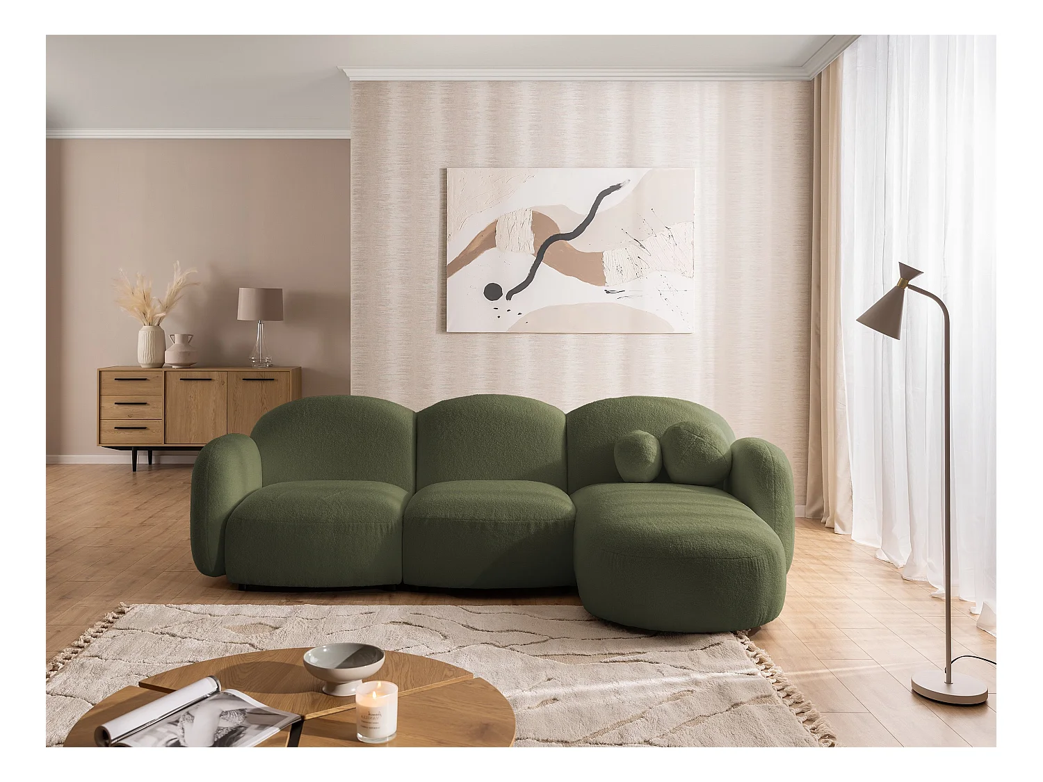Nuvola - Moderne Ecksofa L-Form aus Grün Bouclé-Stoff mit abgerundetem Design und hohem Sitzkomfort