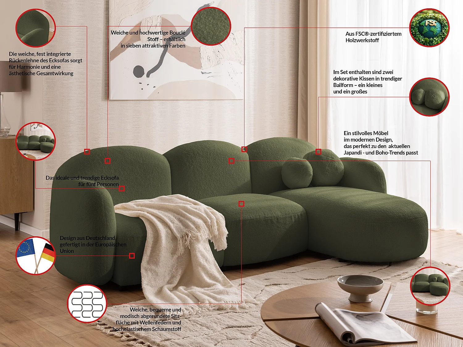 Nuvola - Moderne Ecksofa L-Form aus Grün Bouclé-Stoff mit abgerundetem Design und hohem Sitzkomfort