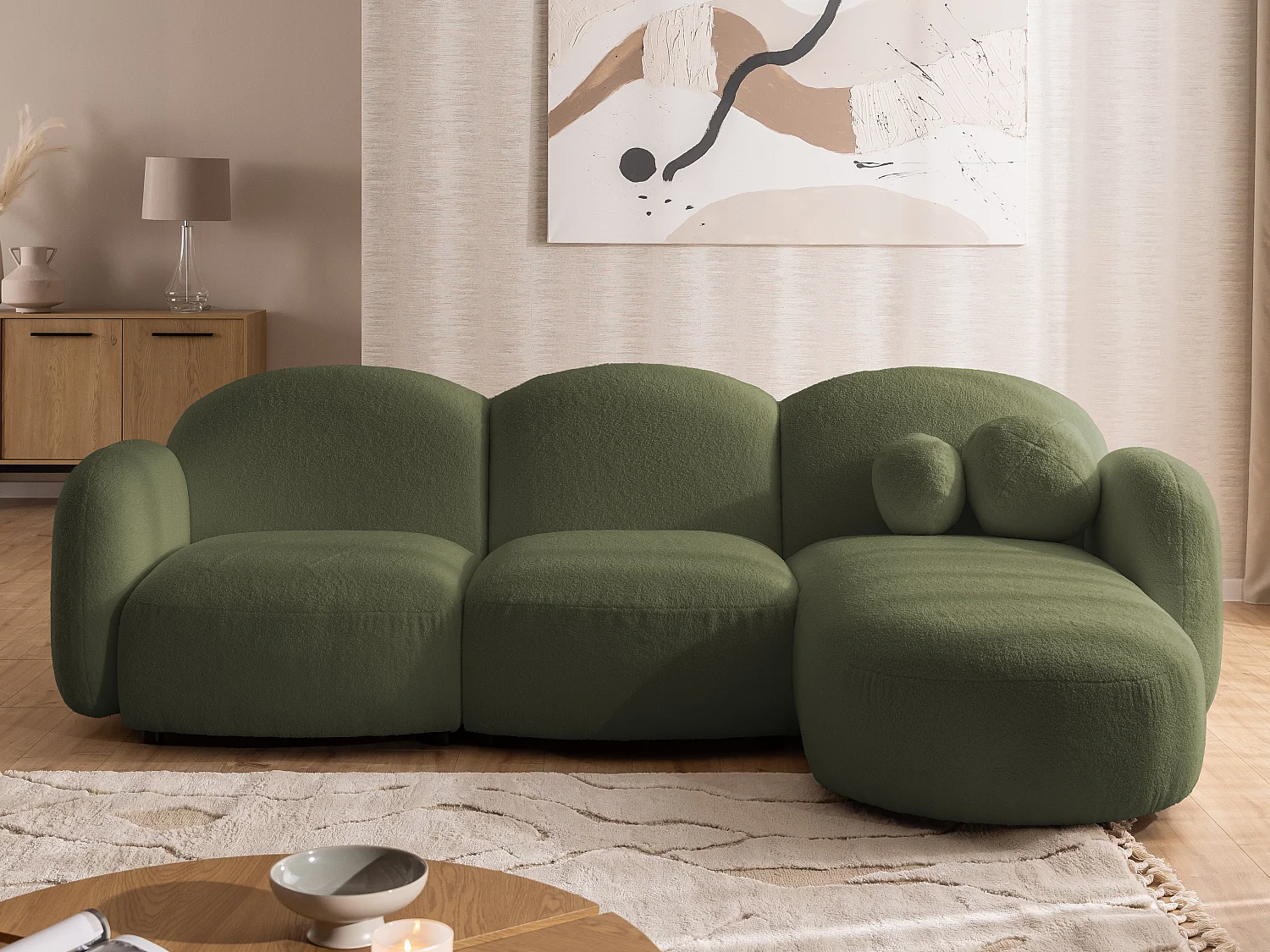 Nuvola - Moderne Ecksofa L-Form aus Grün Bouclé-Stoff mit abgerundetem Design und hohem Sitzkomfort