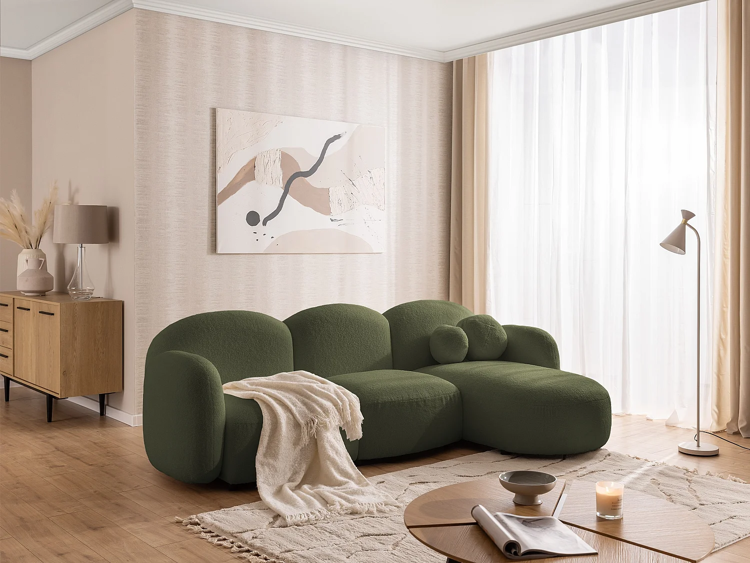 Nuvola - Moderne Ecksofa L-Form aus Grün Bouclé-Stoff mit abgerundetem Design und hohem Sitzkomfort