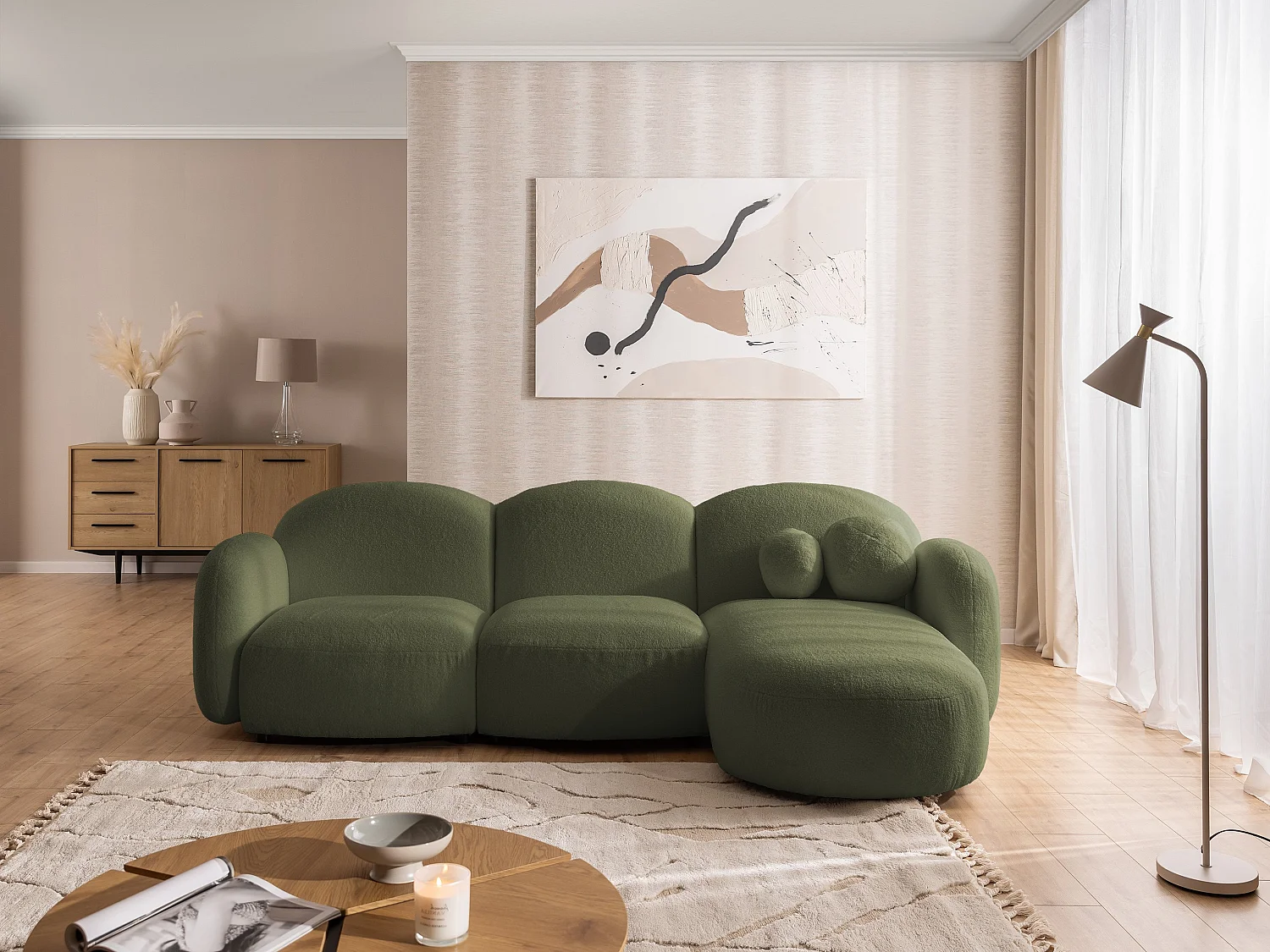 Nuvola - Moderne Ecksofa L-Form aus Grün Bouclé-Stoff mit abgerundetem Design und hohem Sitzkomfort