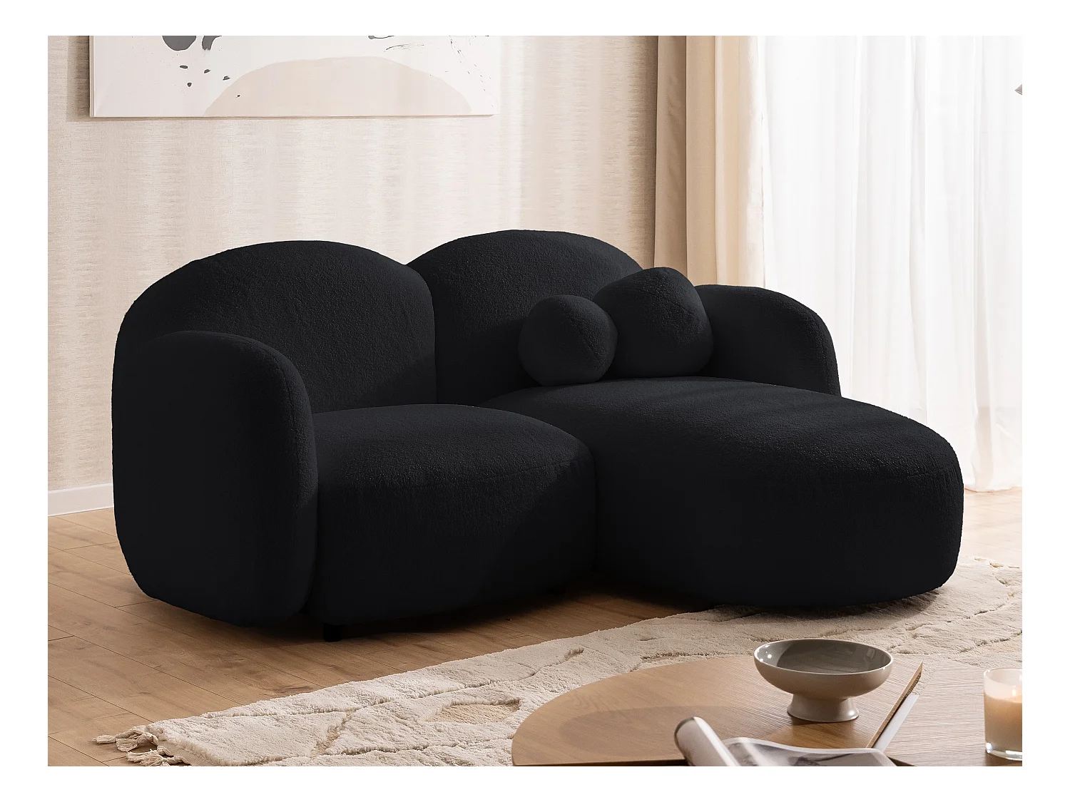 Nuvola - Moderne Ecksofa L-Form aus Schwarz Bouclé-Stoff mit abgerundetem Design und hohem Sitzkomfort