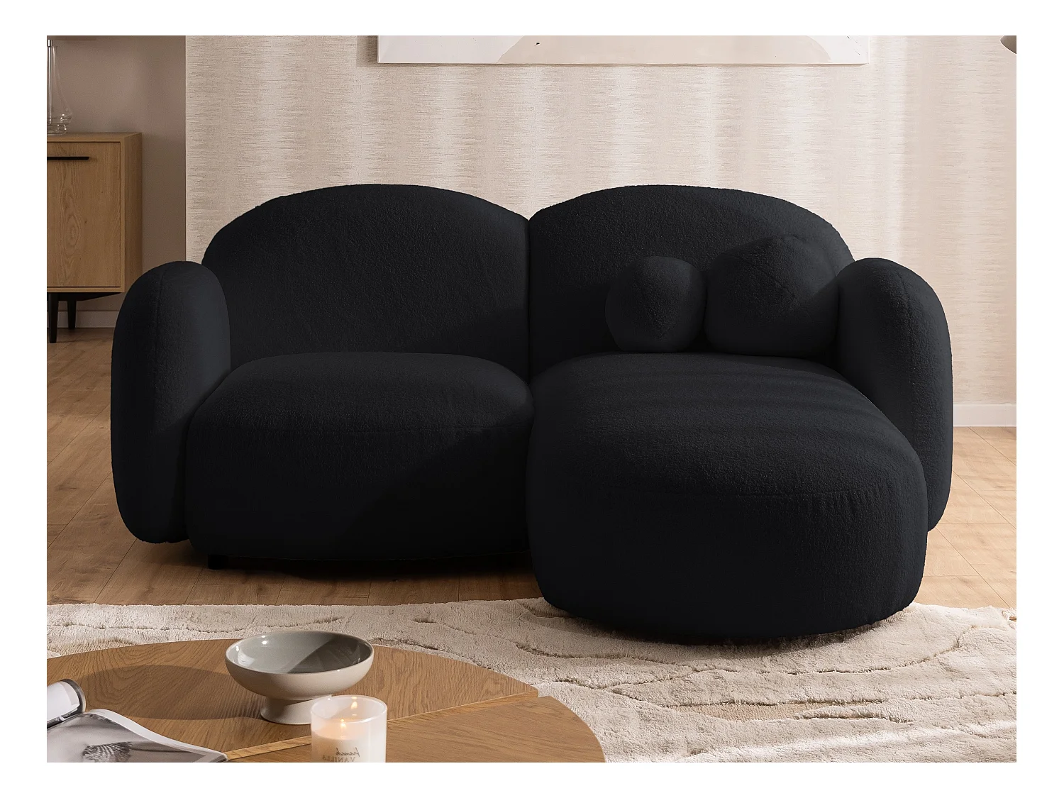 Nuvola - Moderne Ecksofa L-Form aus Schwarz Bouclé-Stoff mit abgerundetem Design und hohem Sitzkomfort