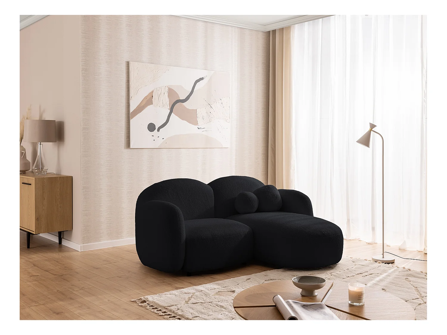 Nuvola - Moderne Ecksofa L-Form aus Schwarz Bouclé-Stoff mit abgerundetem Design und hohem Sitzkomfort
