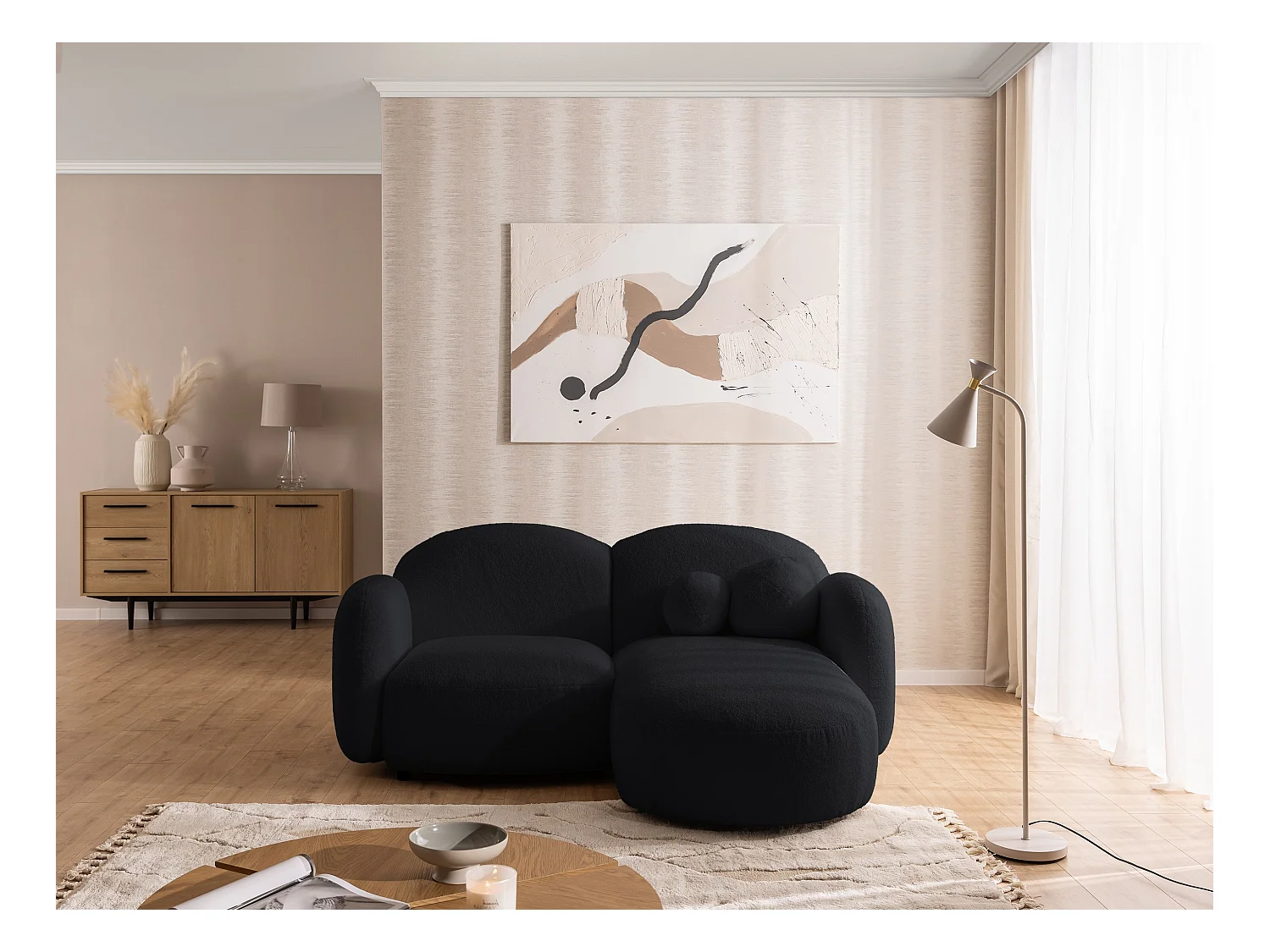 Nuvola - Moderne Ecksofa L-Form aus Schwarz Bouclé-Stoff mit abgerundetem Design und hohem Sitzkomfort