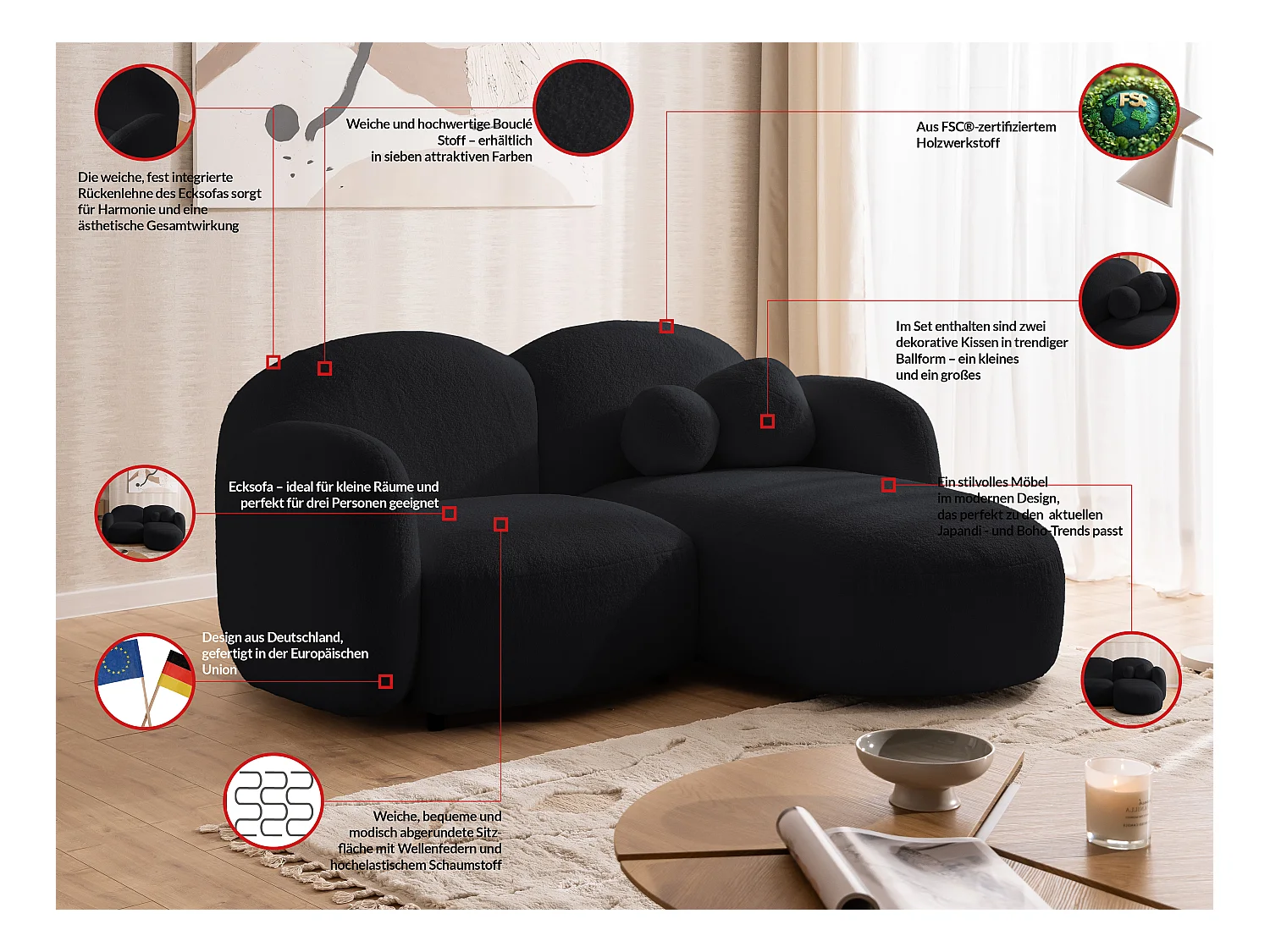 Nuvola - Moderne Ecksofa L-Form aus Schwarz Bouclé-Stoff mit abgerundetem Design und hohem Sitzkomfort