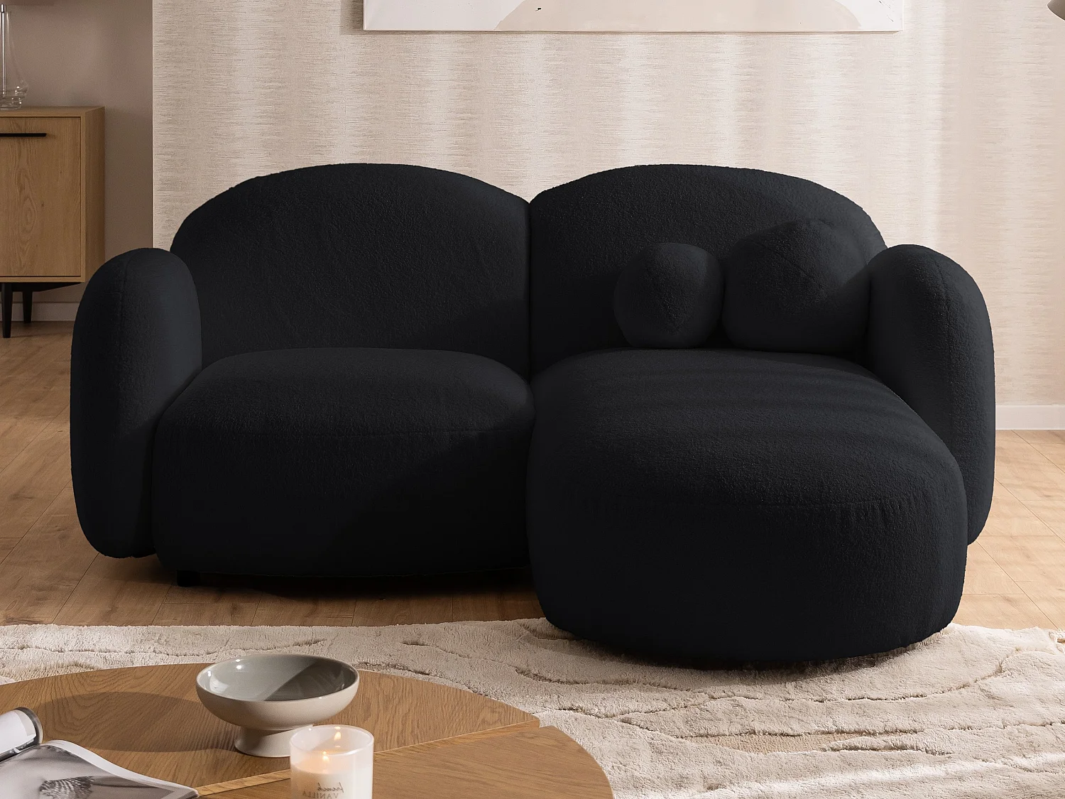 Nuvola - Moderne Ecksofa L-Form aus Schwarz Bouclé-Stoff mit abgerundetem Design und hohem Sitzkomfort