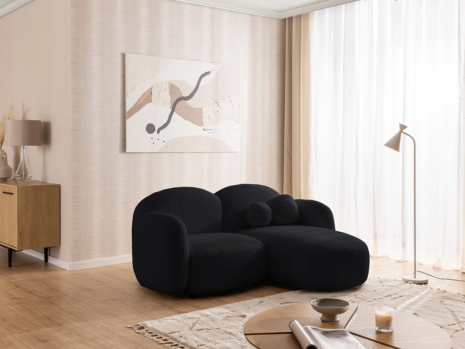 Nuvola - Moderne Ecksofa L-Form aus Schwarz Bouclé-Stoff mit abgerundetem Design und hohem Sitzkomfort