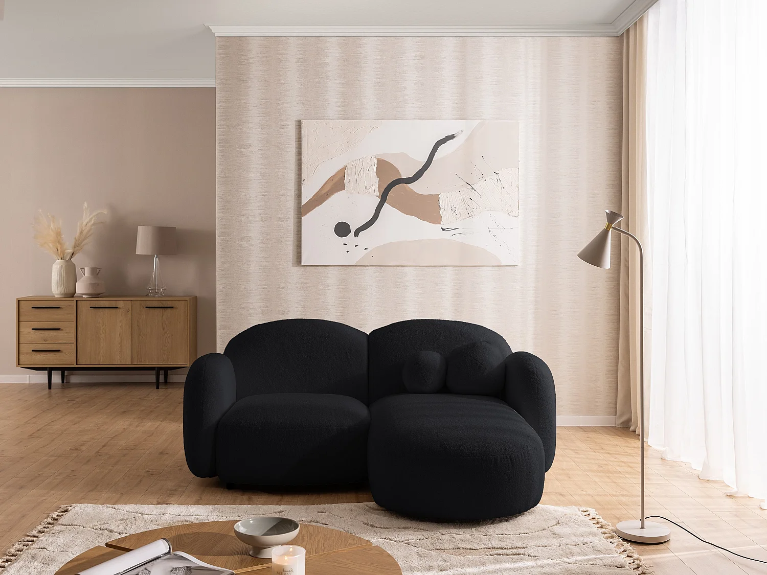 Nuvola - Moderne Ecksofa L-Form aus Schwarz Bouclé-Stoff mit abgerundetem Design und hohem Sitzkomfort