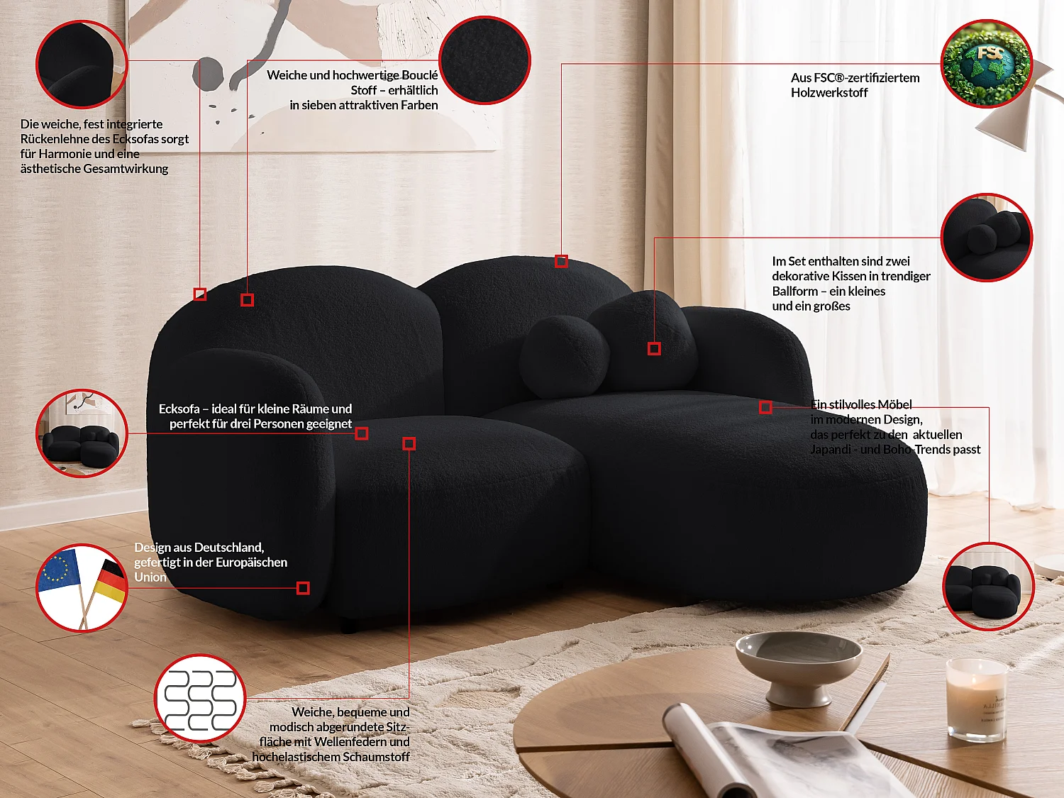 Nuvola - Moderne Ecksofa L-Form aus Schwarz Bouclé-Stoff mit abgerundetem Design und hohem Sitzkomfort