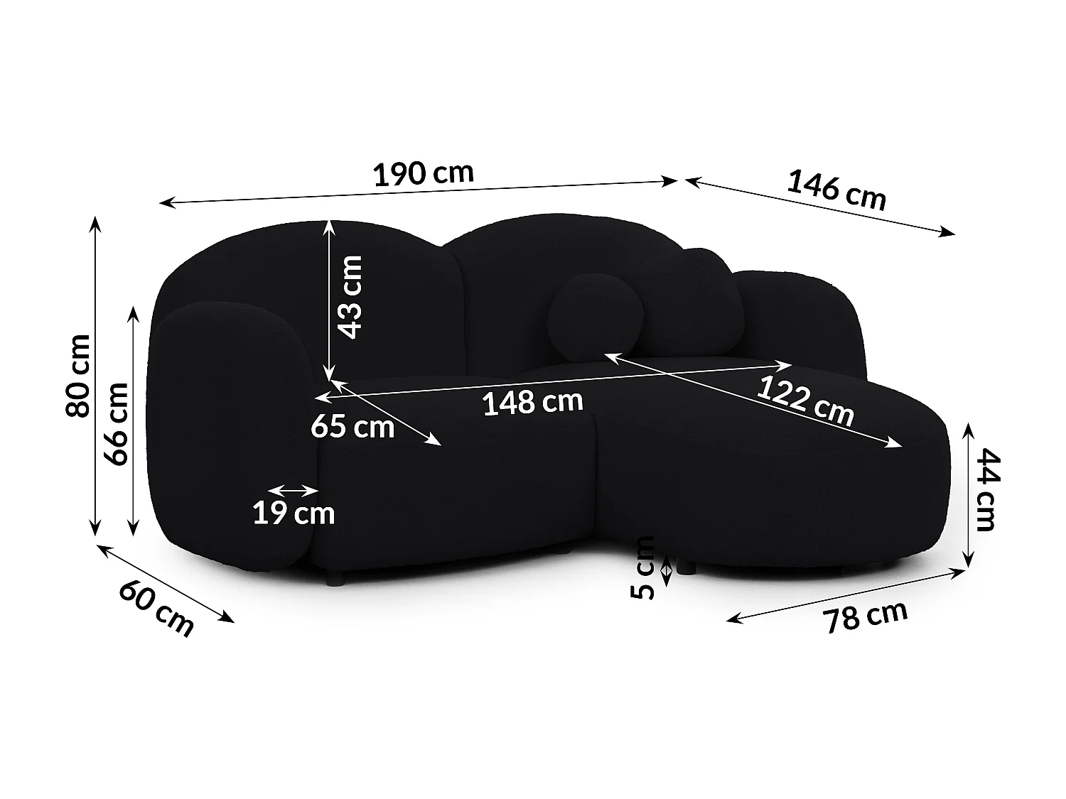 Nuvola - Moderne Ecksofa L-Form aus Schwarz Bouclé-Stoff mit abgerundetem Design und hohem Sitzkomfort