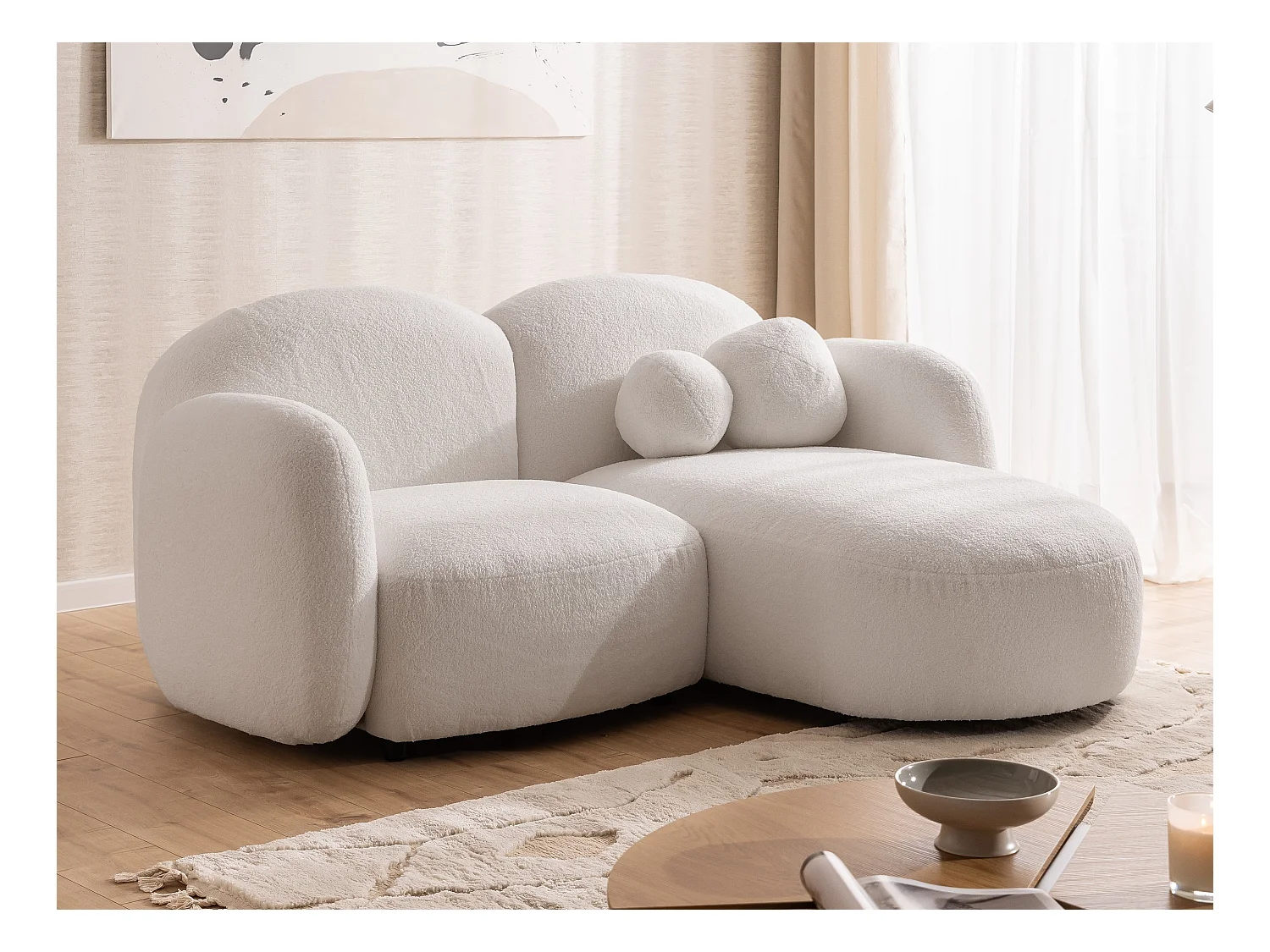 Nuvola - Moderne Ecksofa L-Form aus Weiß Bouclé-Stoff mit abgerundetem Design und hohem Sitzkomfort