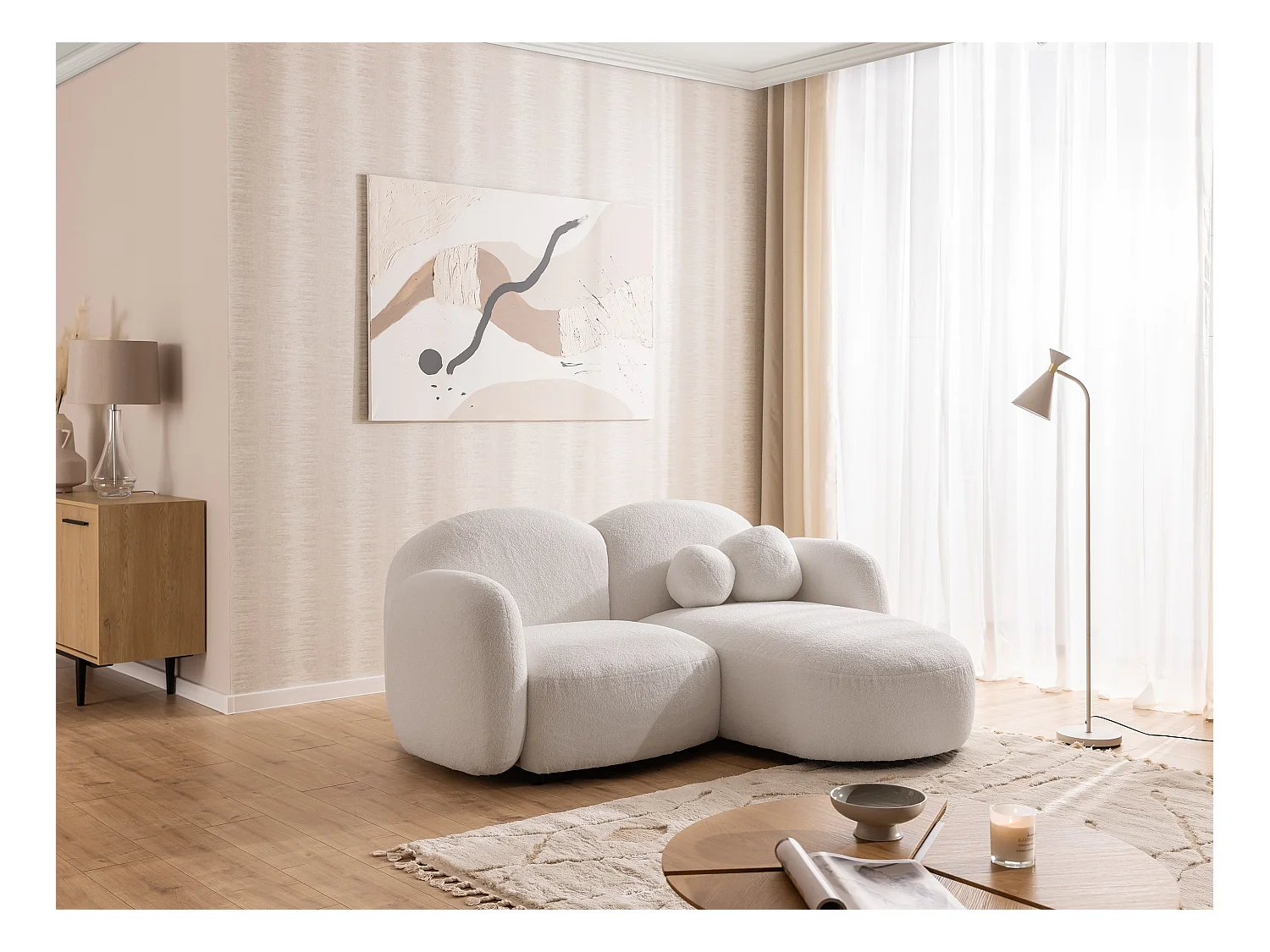 Nuvola - Moderne Ecksofa L-Form aus Weiß Bouclé-Stoff mit abgerundetem Design und hohem Sitzkomfort