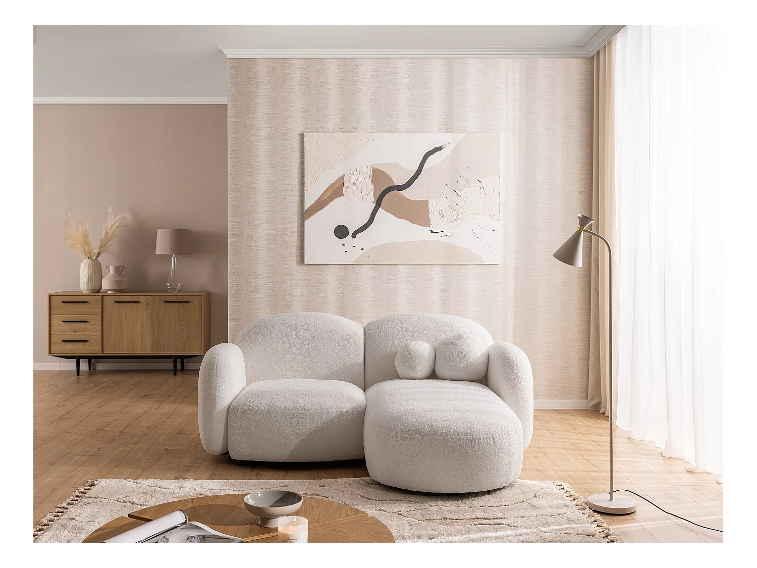 Nuvola - Moderne Ecksofa L-Form aus Weiß Bouclé-Stoff mit abgerundetem Design und hohem Sitzkomfort