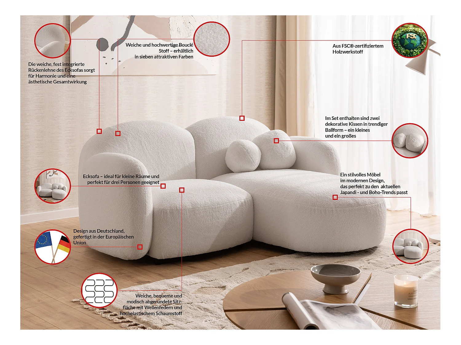 Nuvola - Moderne Ecksofa L-Form aus Weiß Bouclé-Stoff mit abgerundetem Design und hohem Sitzkomfort