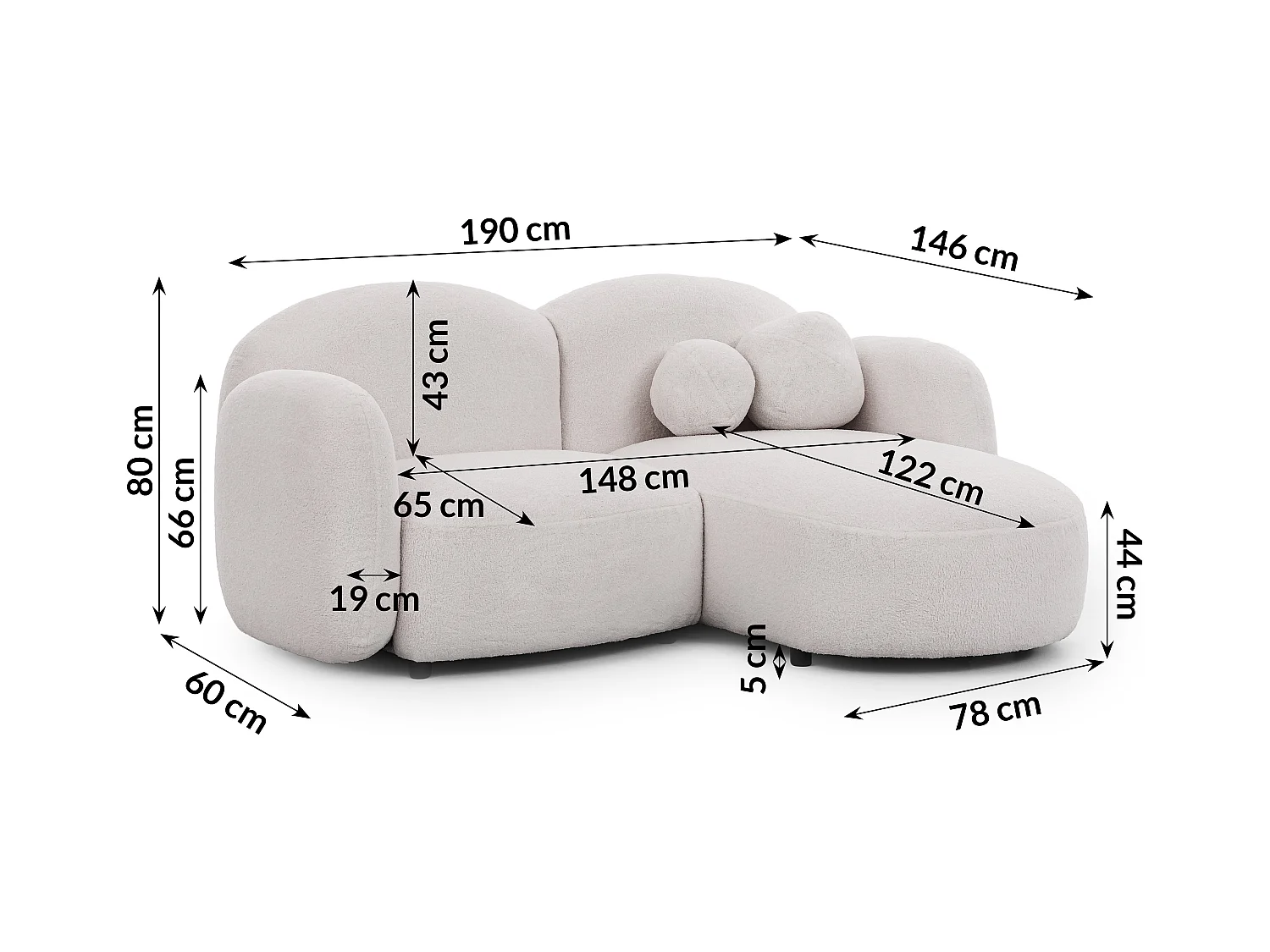 Nuvola - Moderne Ecksofa L-Form aus Weiß Bouclé-Stoff mit abgerundetem Design und hohem Sitzkomfort