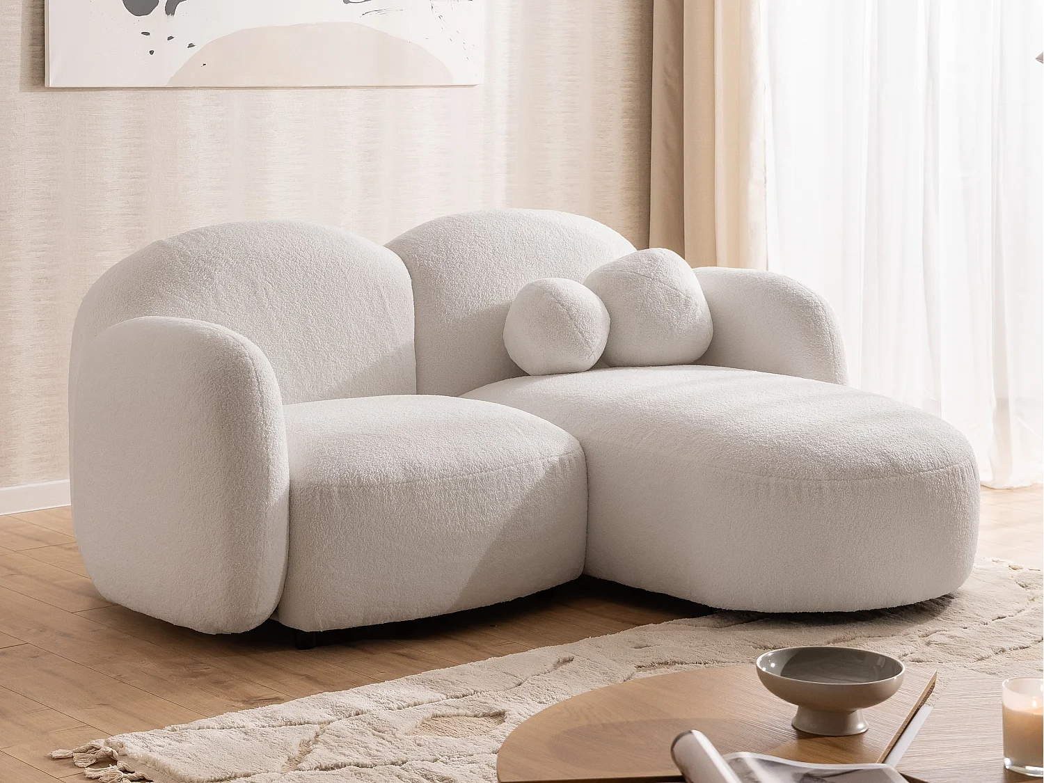 Nuvola - Moderne Ecksofa L-Form aus Weiß Bouclé-Stoff mit abgerundetem Design und hohem Sitzkomfort