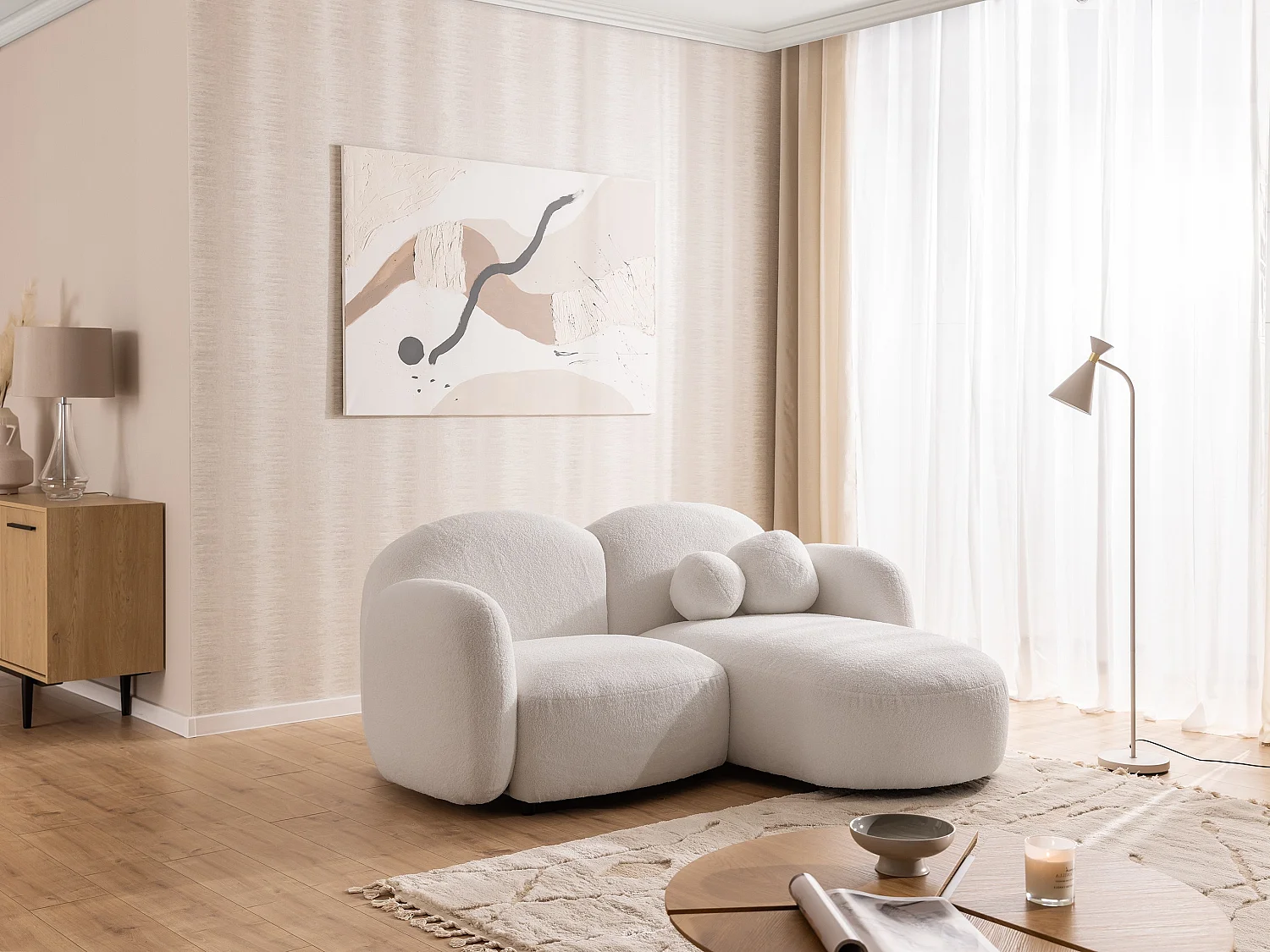 Nuvola - Moderne Ecksofa L-Form aus Weiß Bouclé-Stoff mit abgerundetem Design und hohem Sitzkomfort