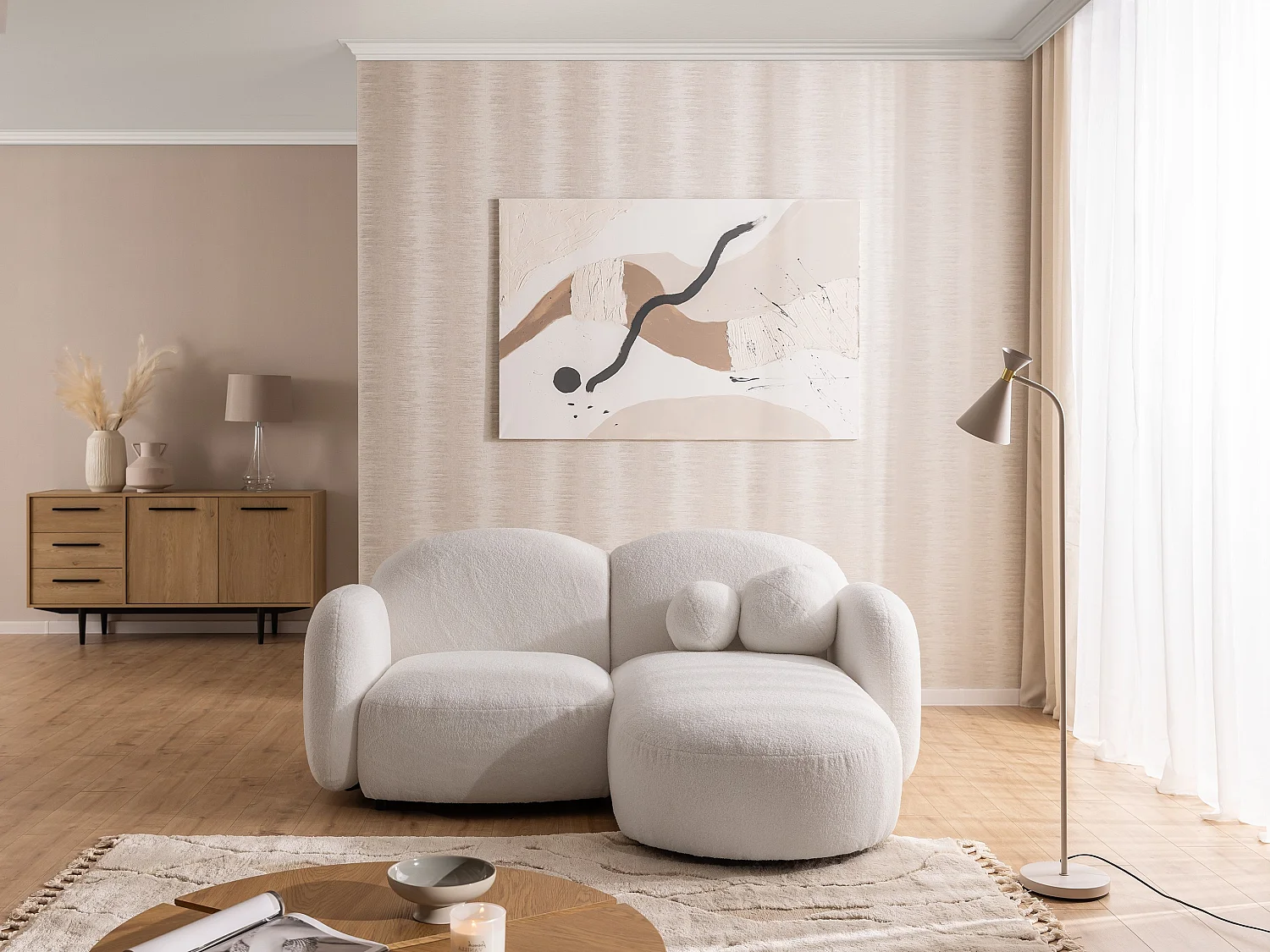 Nuvola - Moderne Ecksofa L-Form aus Weiß Bouclé-Stoff mit abgerundetem Design und hohem Sitzkomfort