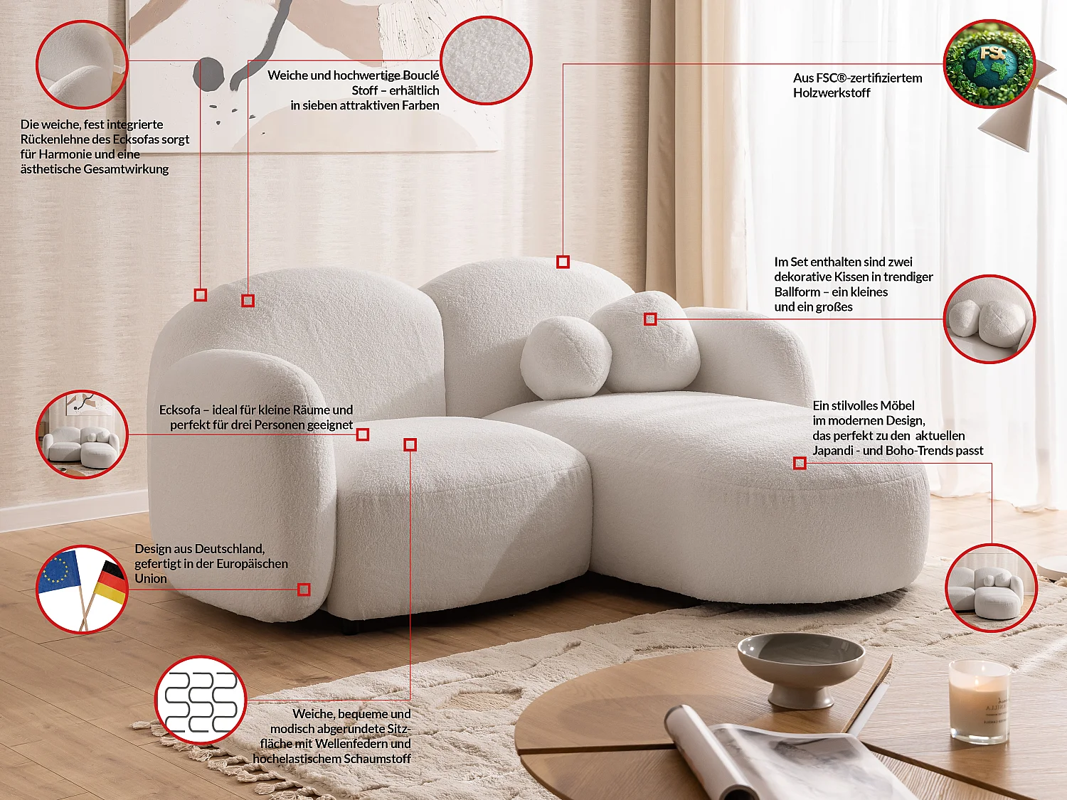 Nuvola - Moderne Ecksofa L-Form aus Weiß Bouclé-Stoff mit abgerundetem Design und hohem Sitzkomfort