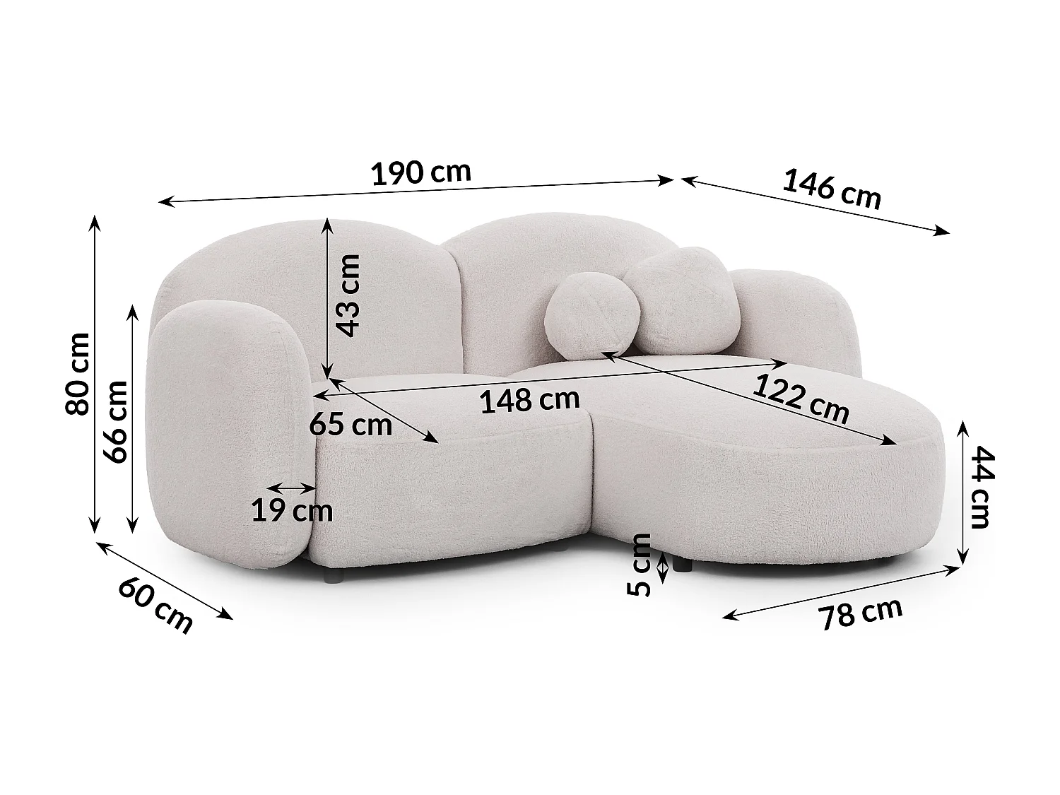 Nuvola - Moderne Ecksofa L-Form aus Weiß Bouclé-Stoff mit abgerundetem Design und hohem Sitzkomfort