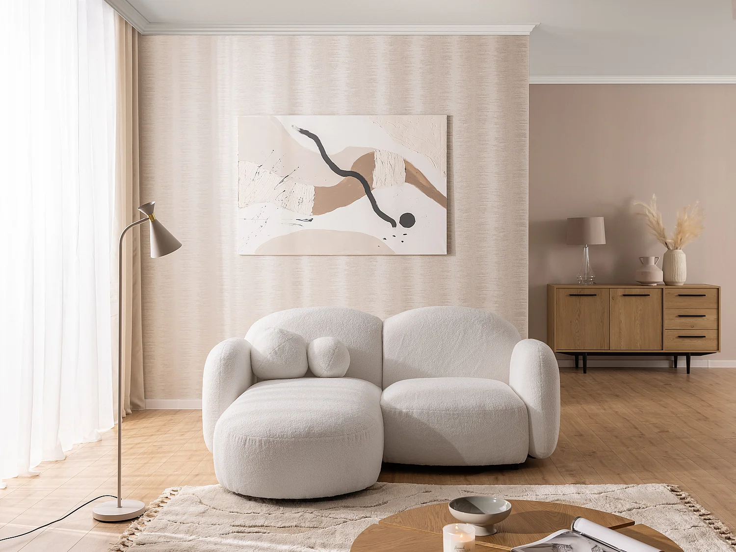 Nuvola - Moderne Ecksofa L-Form aus Weiß Bouclé-Stoff mit abgerundetem Design und hohem Sitzkomfort