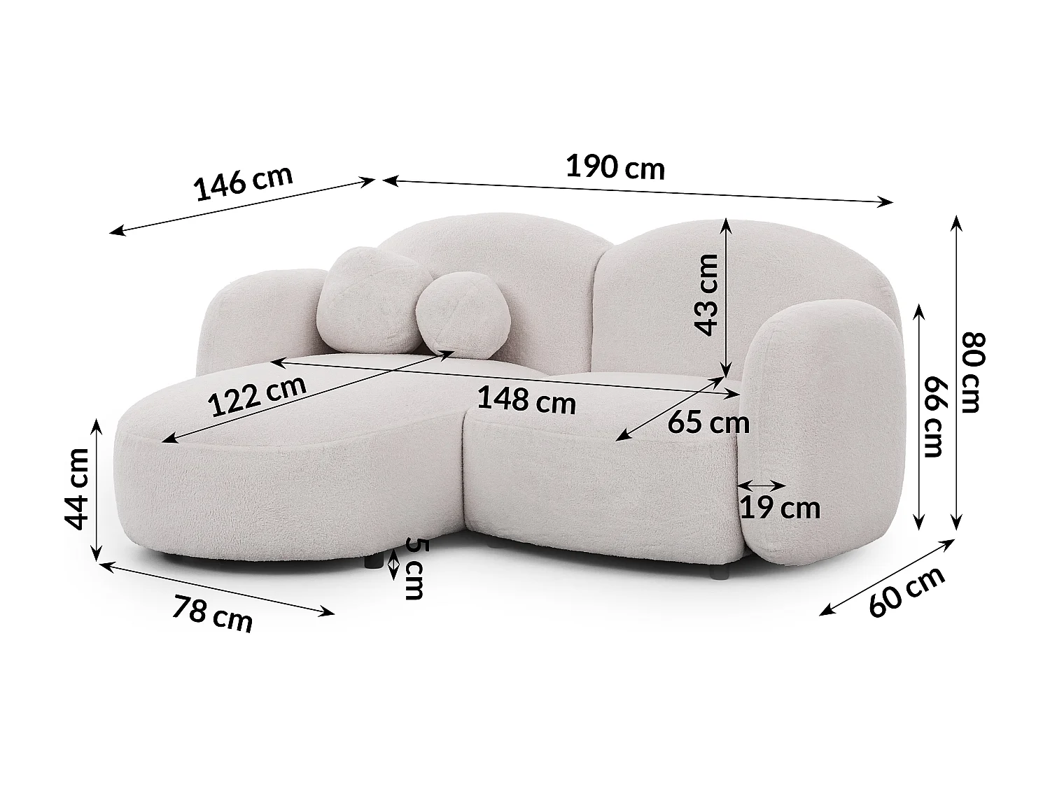Nuvola - Moderne Ecksofa L-Form aus Weiß Bouclé-Stoff mit abgerundetem Design und hohem Sitzkomfort
