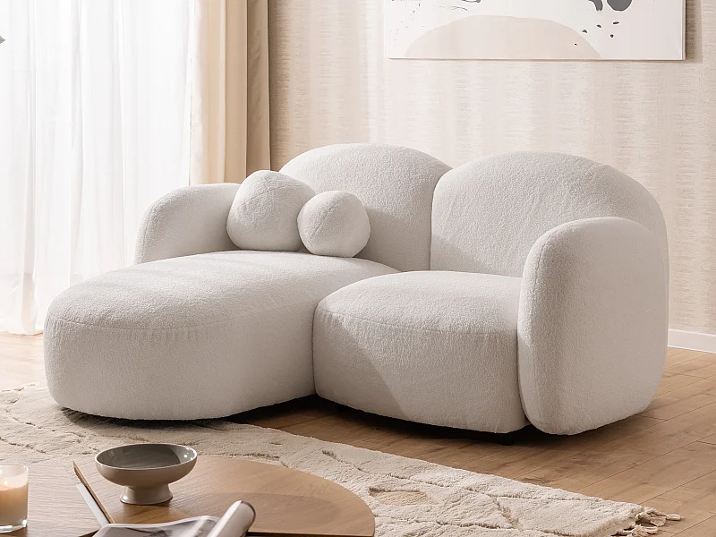 Nuvola - Moderne Ecksofa L-Form aus Weiß Bouclé-Stoff mit abgerundetem Design und hohem Sitzkomfort