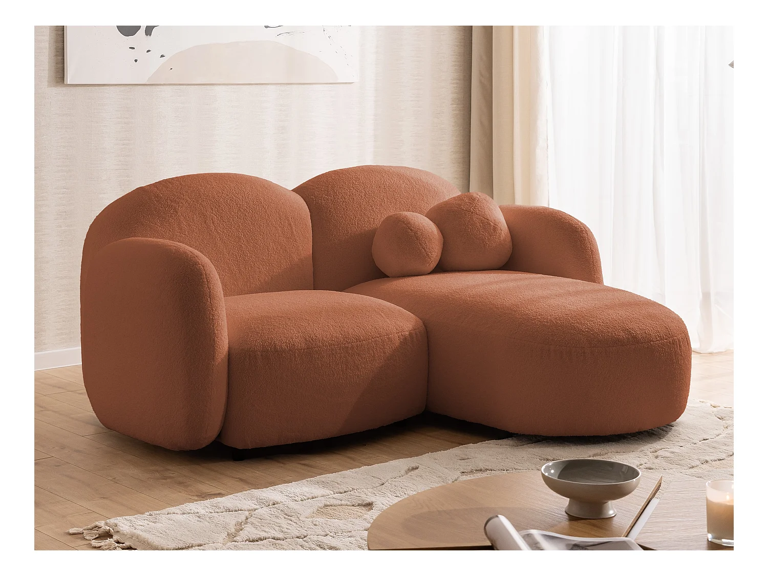 Nuvola - Moderne Ecksofa L-Form aus Terracotta Bouclé-Stoff mit abgerundetem Design und hohem Sitzkomfort
