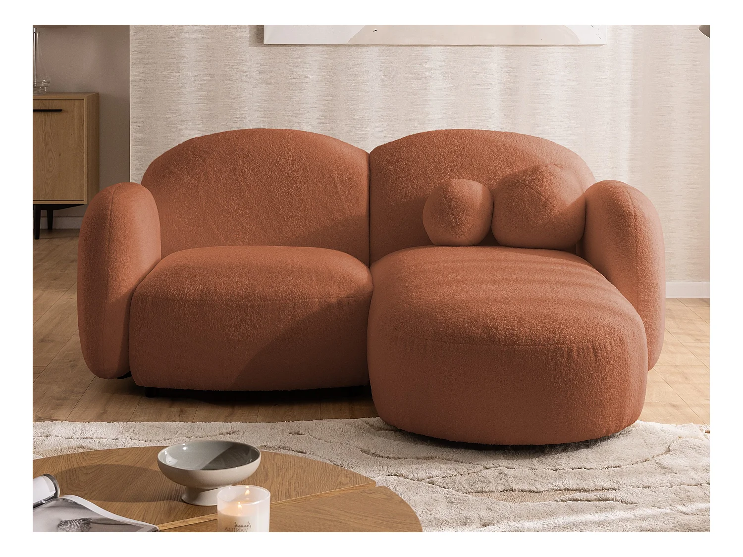 Nuvola - Moderne Ecksofa L-Form aus Terracotta Bouclé-Stoff mit abgerundetem Design und hohem Sitzkomfort