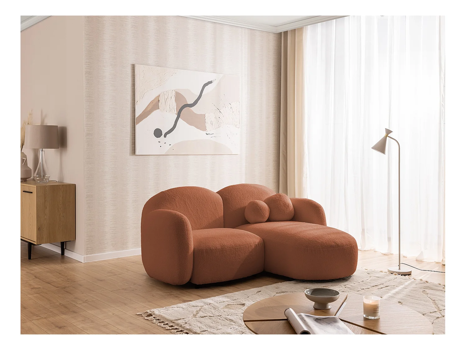 Nuvola - Moderne Ecksofa L-Form aus Terracotta Bouclé-Stoff mit abgerundetem Design und hohem Sitzkomfort