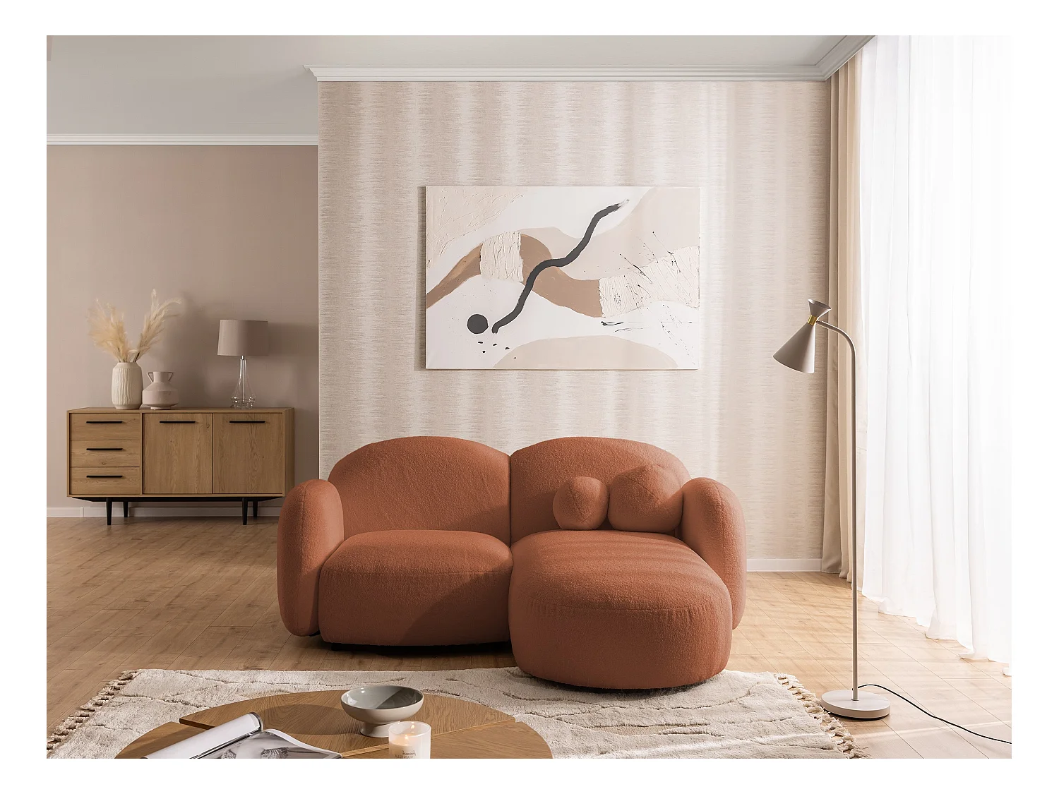Nuvola - Moderne Ecksofa L-Form aus Terracotta Bouclé-Stoff mit abgerundetem Design und hohem Sitzkomfort