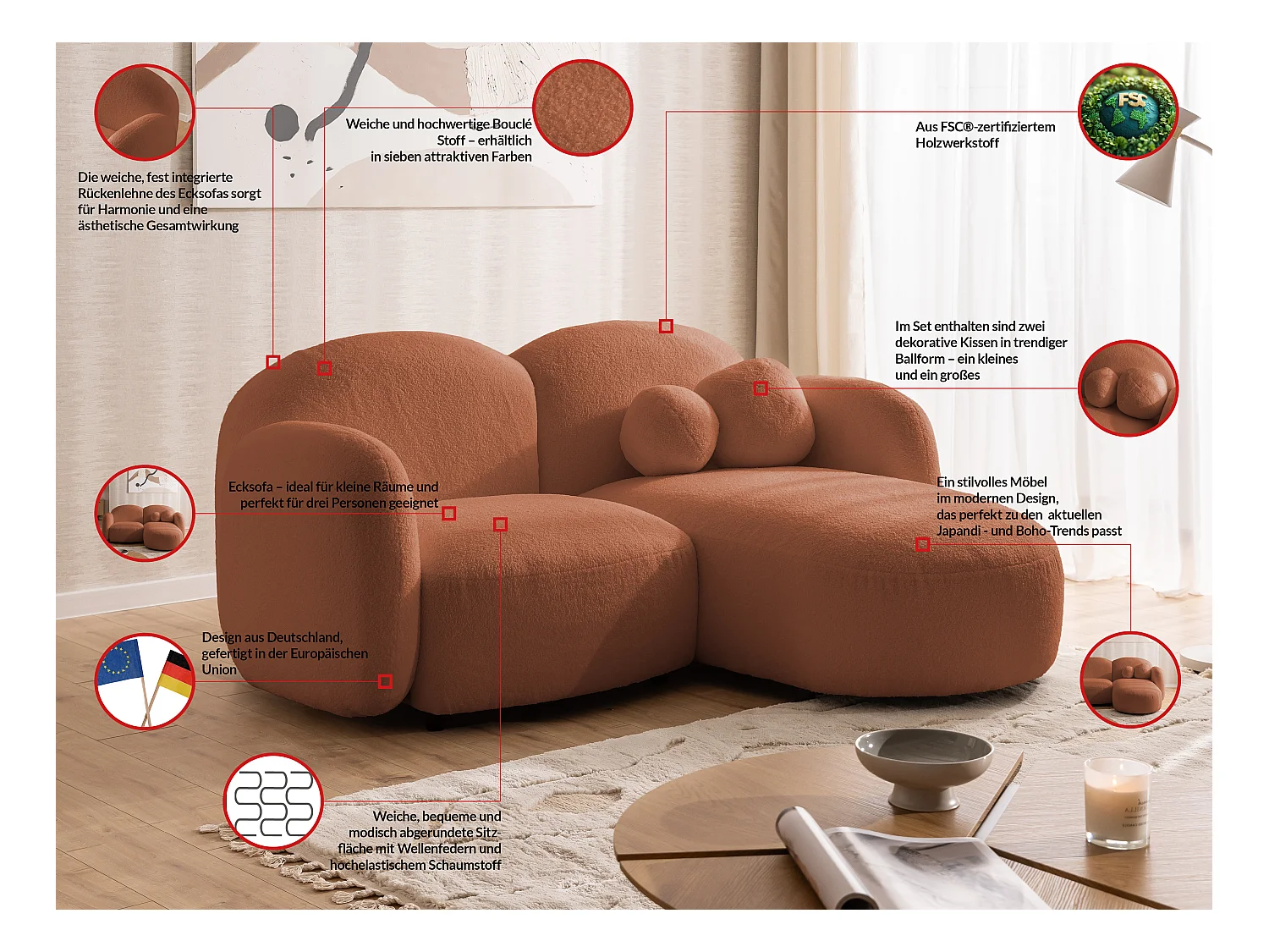 Nuvola - Moderne Ecksofa L-Form aus Terracotta Bouclé-Stoff mit abgerundetem Design und hohem Sitzkomfort