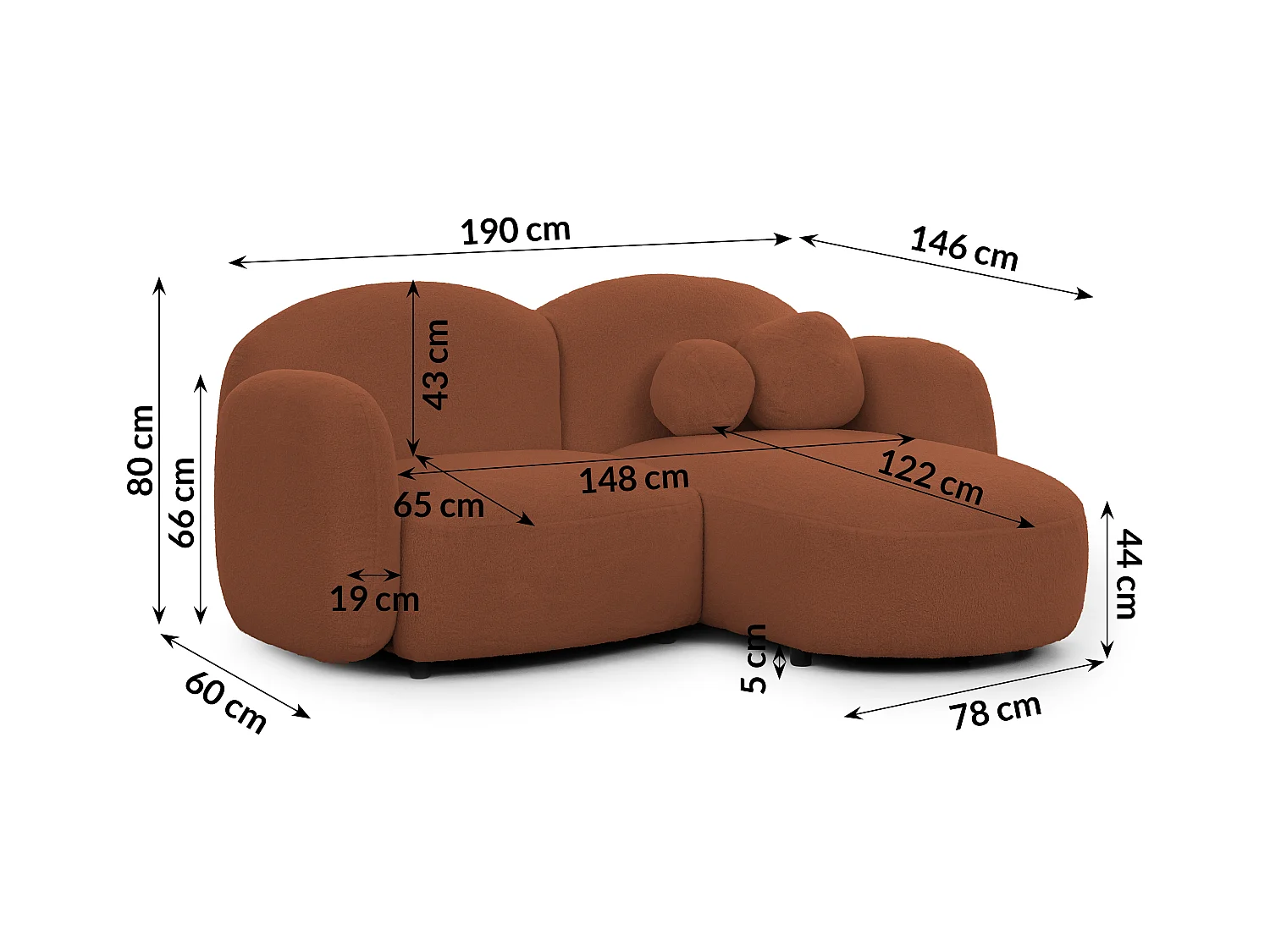 Nuvola - Moderne Ecksofa L-Form aus Terracotta Bouclé-Stoff mit abgerundetem Design und hohem Sitzkomfort