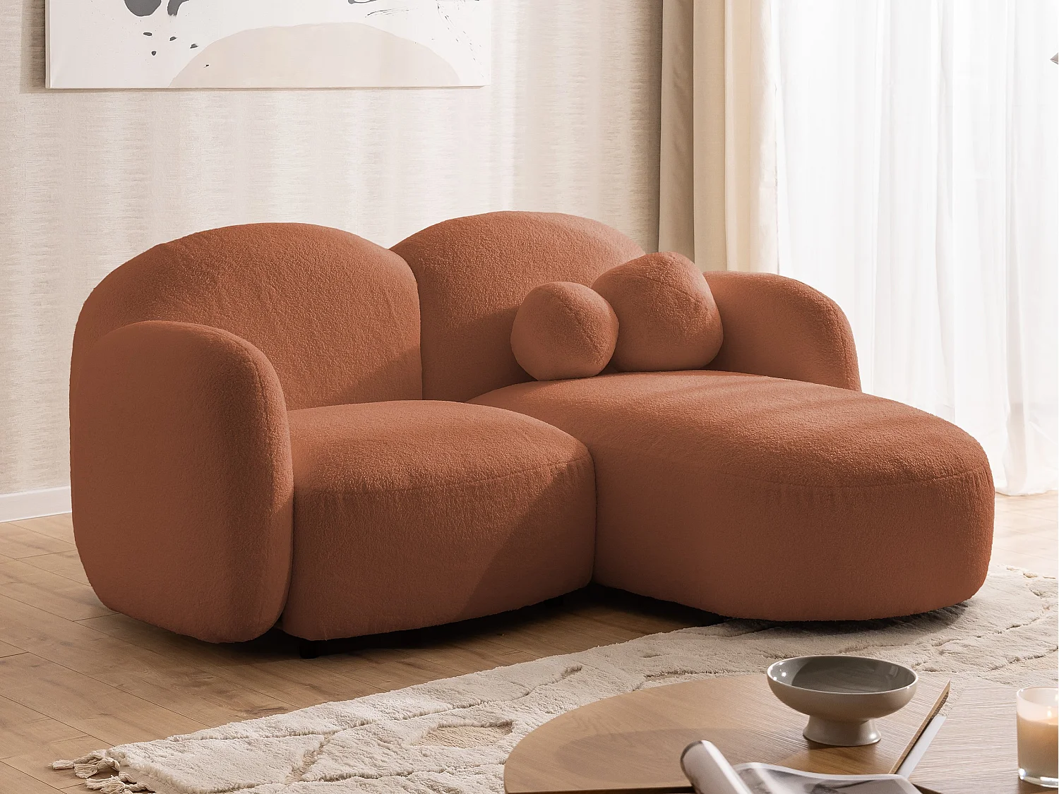 Nuvola - Moderne Ecksofa L-Form aus Terracotta Bouclé-Stoff mit abgerundetem Design und hohem Sitzkomfort