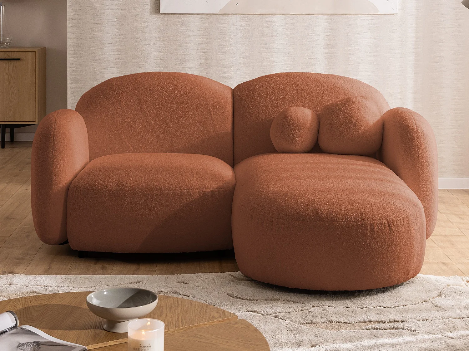 Nuvola - Moderne Ecksofa L-Form aus Terracotta Bouclé-Stoff mit abgerundetem Design und hohem Sitzkomfort