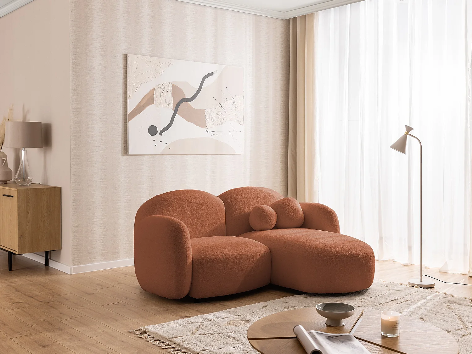 Nuvola - Moderne Ecksofa L-Form aus Terracotta Bouclé-Stoff mit abgerundetem Design und hohem Sitzkomfort