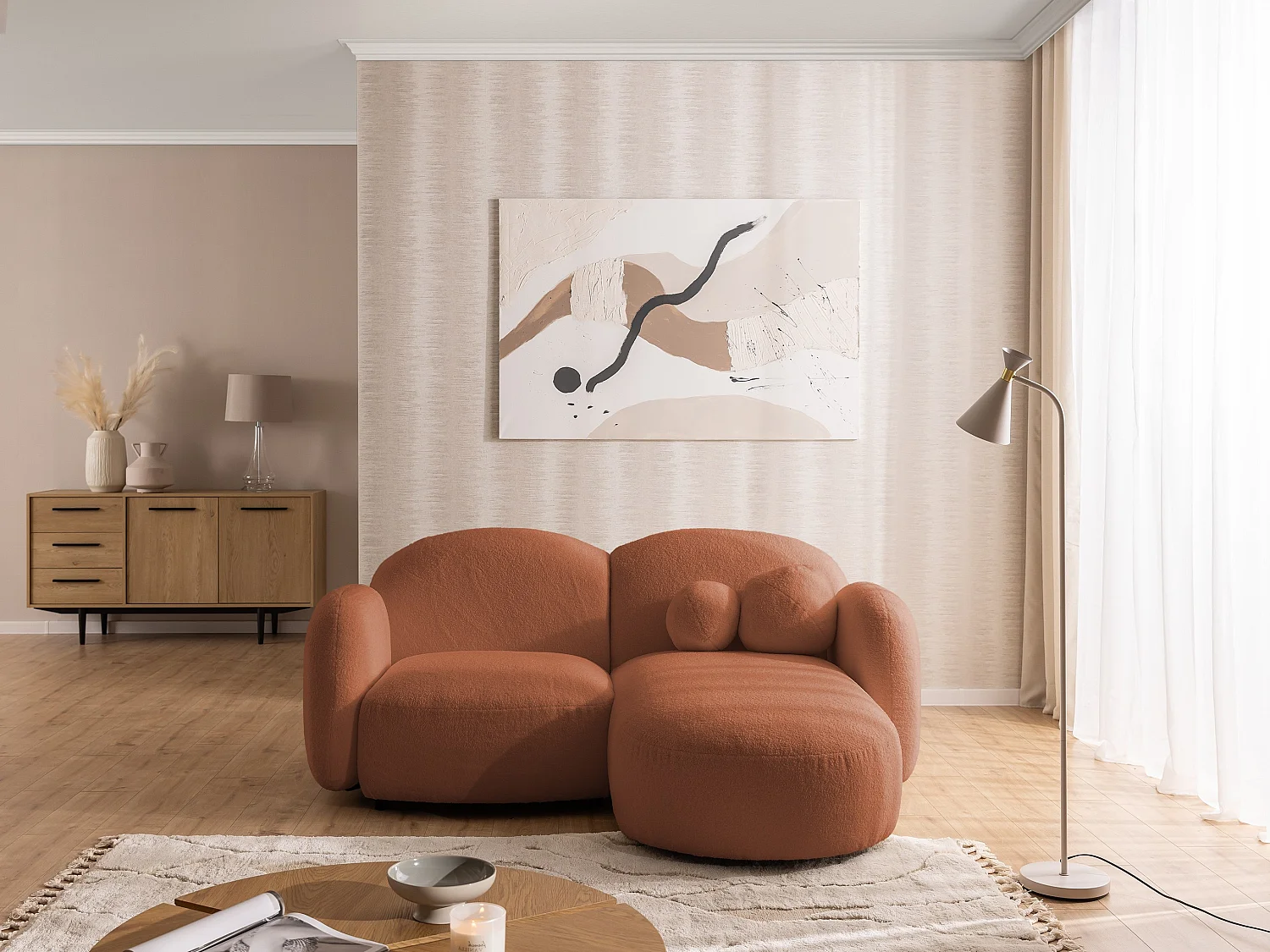 Nuvola - Moderne Ecksofa L-Form aus Terracotta Bouclé-Stoff mit abgerundetem Design und hohem Sitzkomfort