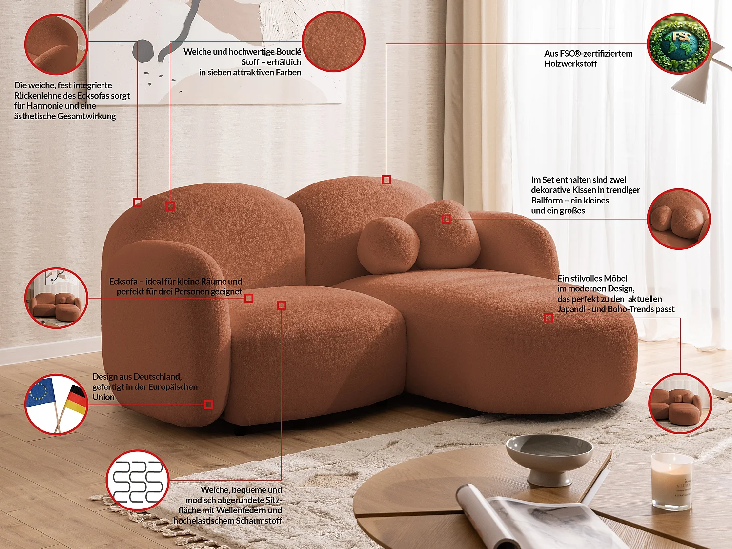 Nuvola - Moderne Ecksofa L-Form aus Terracotta Bouclé-Stoff mit abgerundetem Design und hohem Sitzkomfort