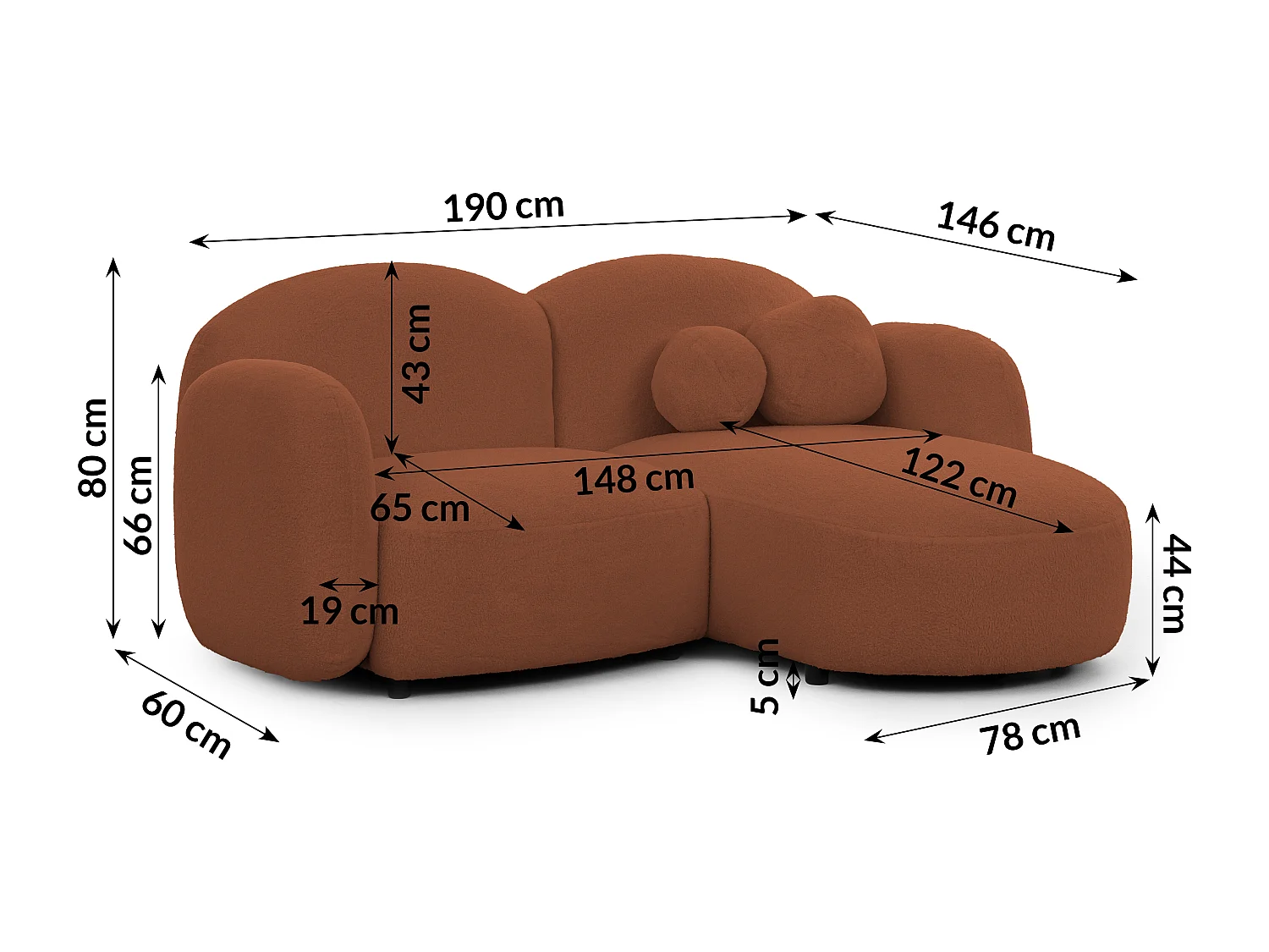 Nuvola - Moderne Ecksofa L-Form aus Terracotta Bouclé-Stoff mit abgerundetem Design und hohem Sitzkomfort