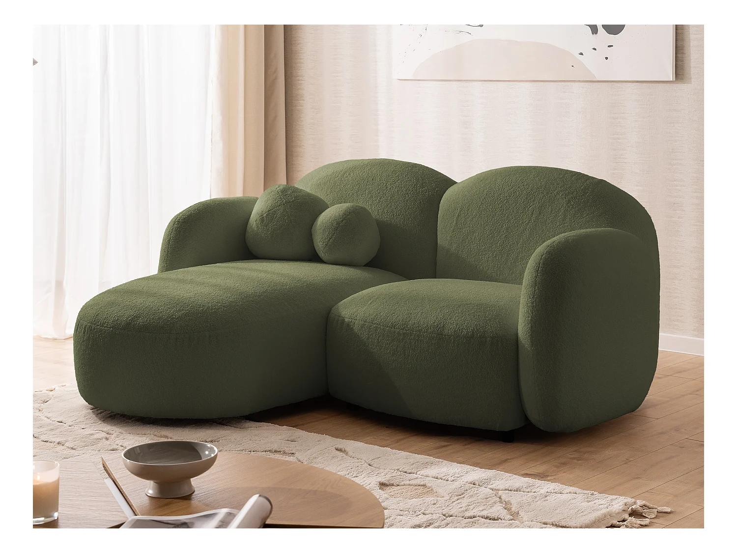 Nuvola - Moderne Ecksofa L-Form aus Grün Bouclé-Stoff mit abgerundetem Design und hohem Sitzkomfort