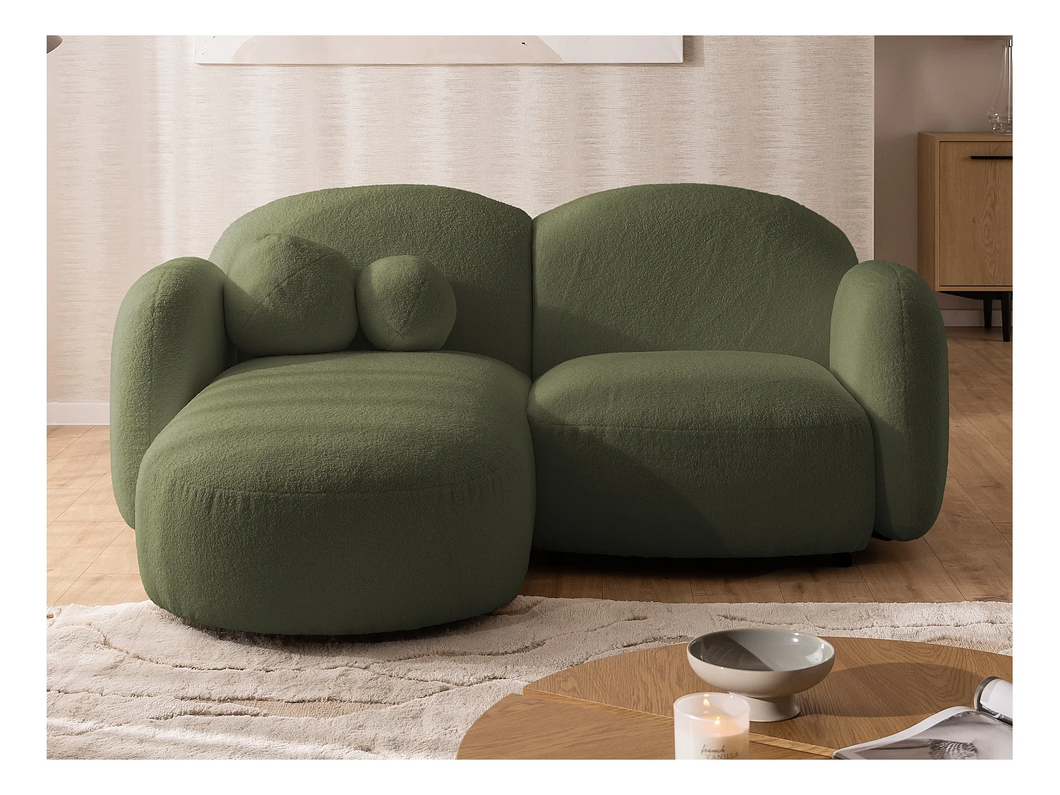 Nuvola - Moderne Ecksofa L-Form aus Grün Bouclé-Stoff mit abgerundetem Design und hohem Sitzkomfort