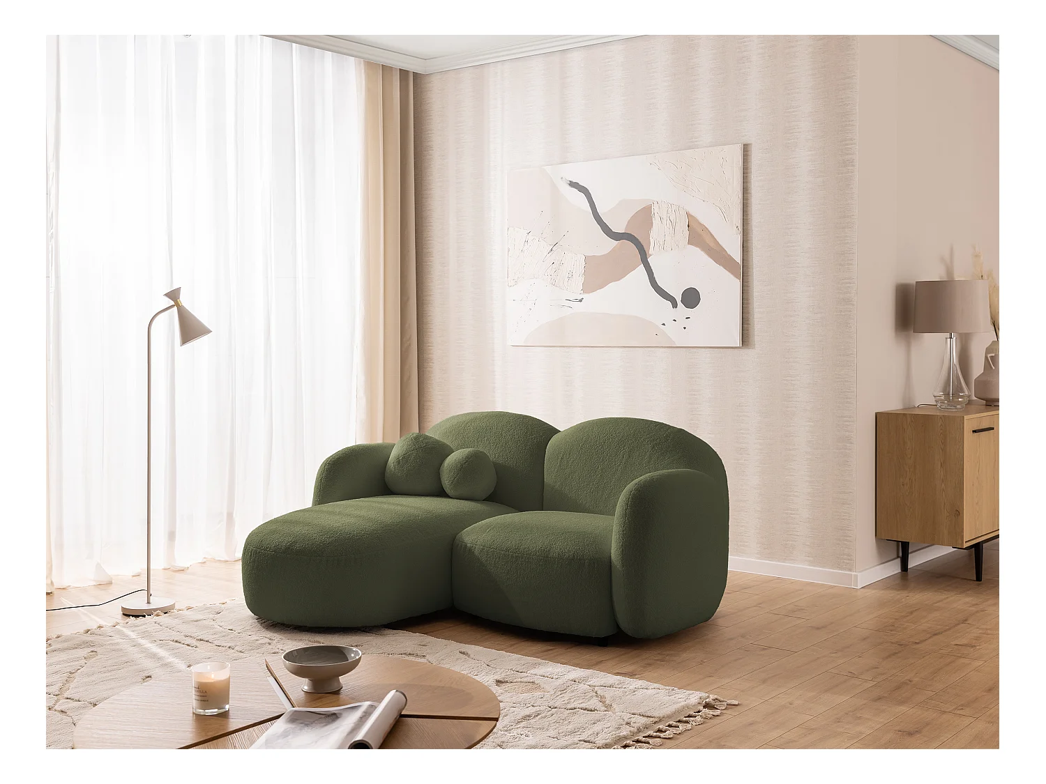 Nuvola - Moderne Ecksofa L-Form aus Grün Bouclé-Stoff mit abgerundetem Design und hohem Sitzkomfort