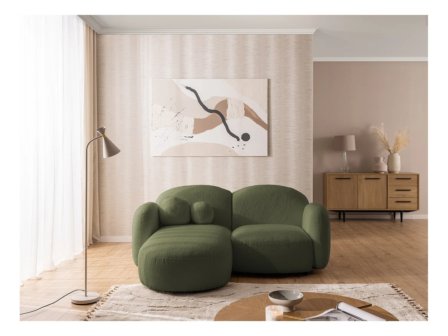 Nuvola - Moderne Ecksofa L-Form aus Grün Bouclé-Stoff mit abgerundetem Design und hohem Sitzkomfort